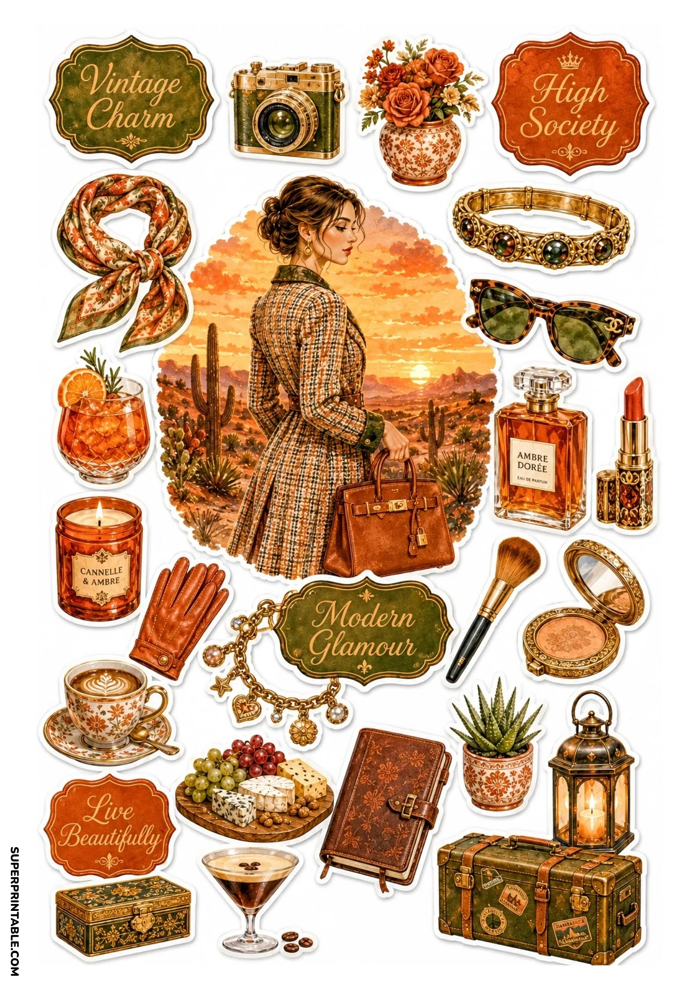 Sticker sheet featuring a woman in a tweed coat in a desert landscape surrounded by amber perfume, leather journals, and warm autumn accessories.