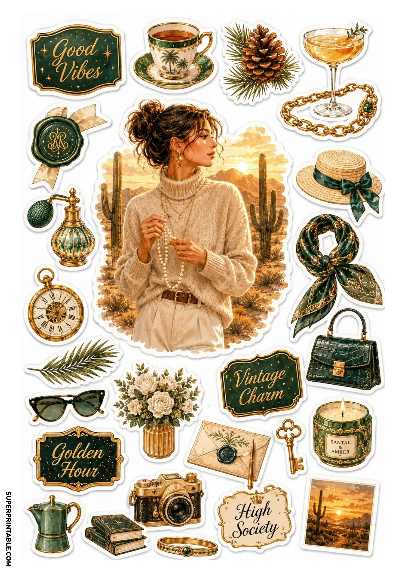 Sticker sheet with a woman in a cream turtleneck sweater in the desert holding pearl necklaces surrounded by gold cameras, green crocodile bags, and candle jars.