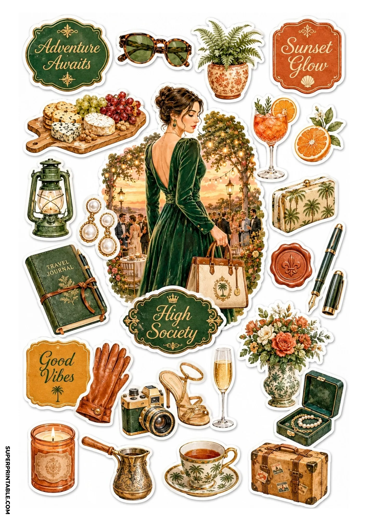 Sticker sheet with a woman in an emerald green backless dress surrounded by green travel journals, vintage camera, champagne, and tropical accessories.