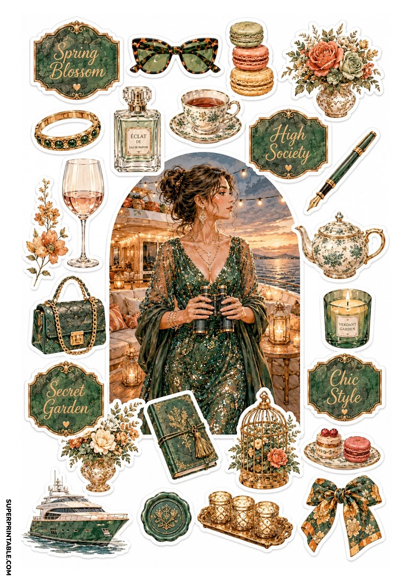 Sticker sheet featuring a woman in an emerald gown on a luxury yacht surrounded by emerald handbags, motor yachts, and birdcages.