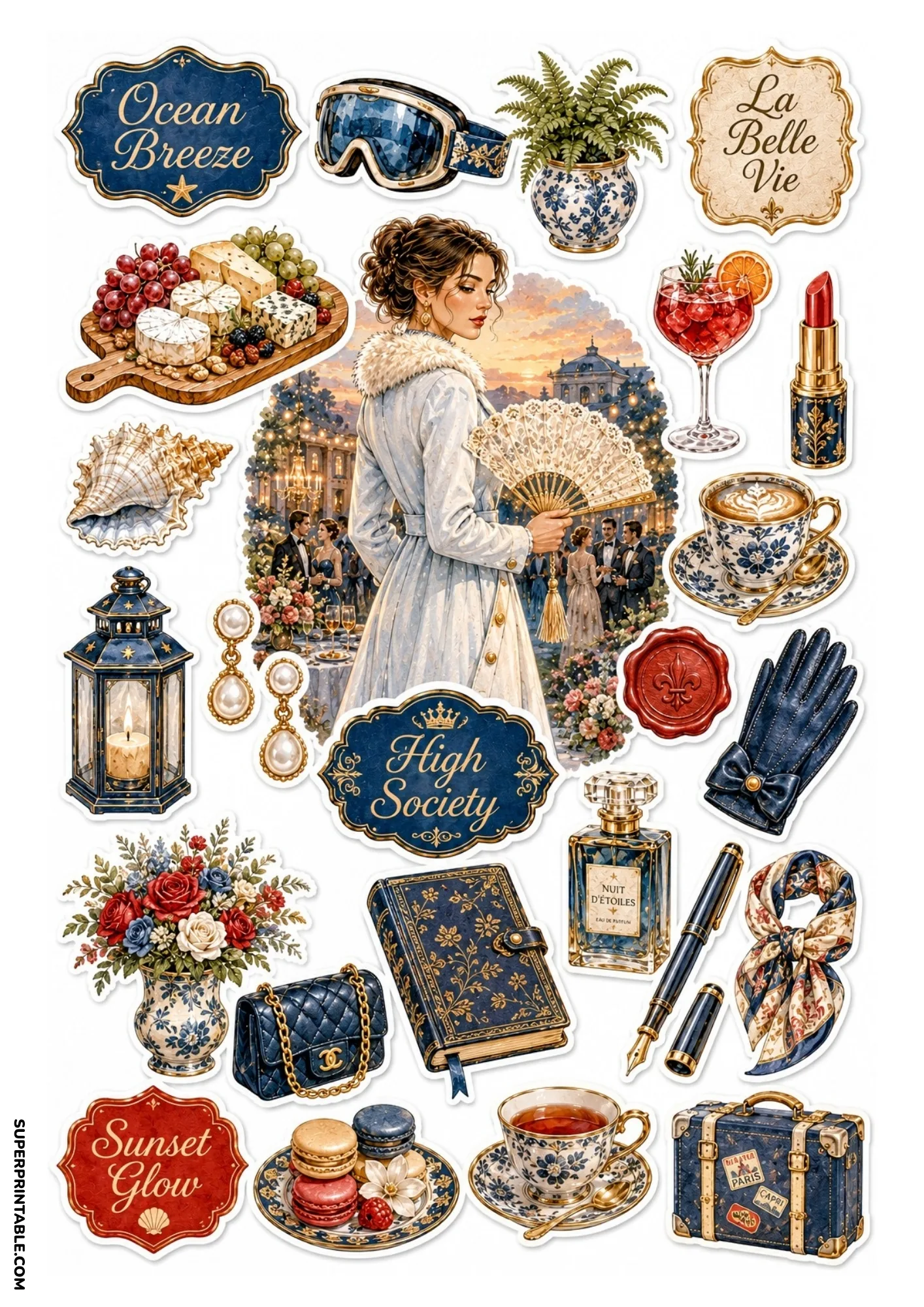 Sticker sheet featuring a woman in a blue coat with fur collar, blue and gold decorative badges, teacups, perfume bottle, and travel accessories.