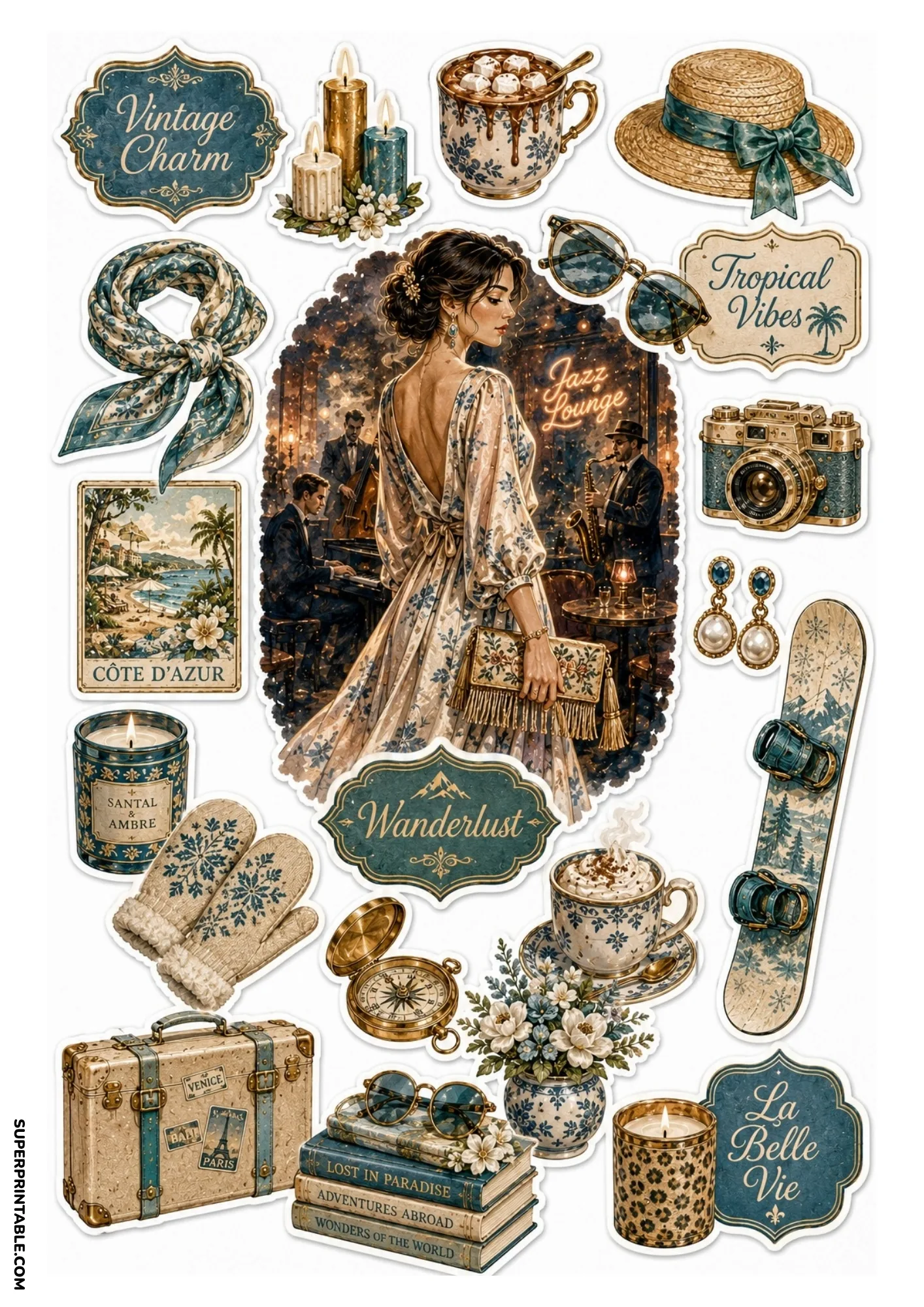Sticker sheet showing a woman in a jazz club alongside a snowboard, travel book stack, leopard candle, and vintage luggage.