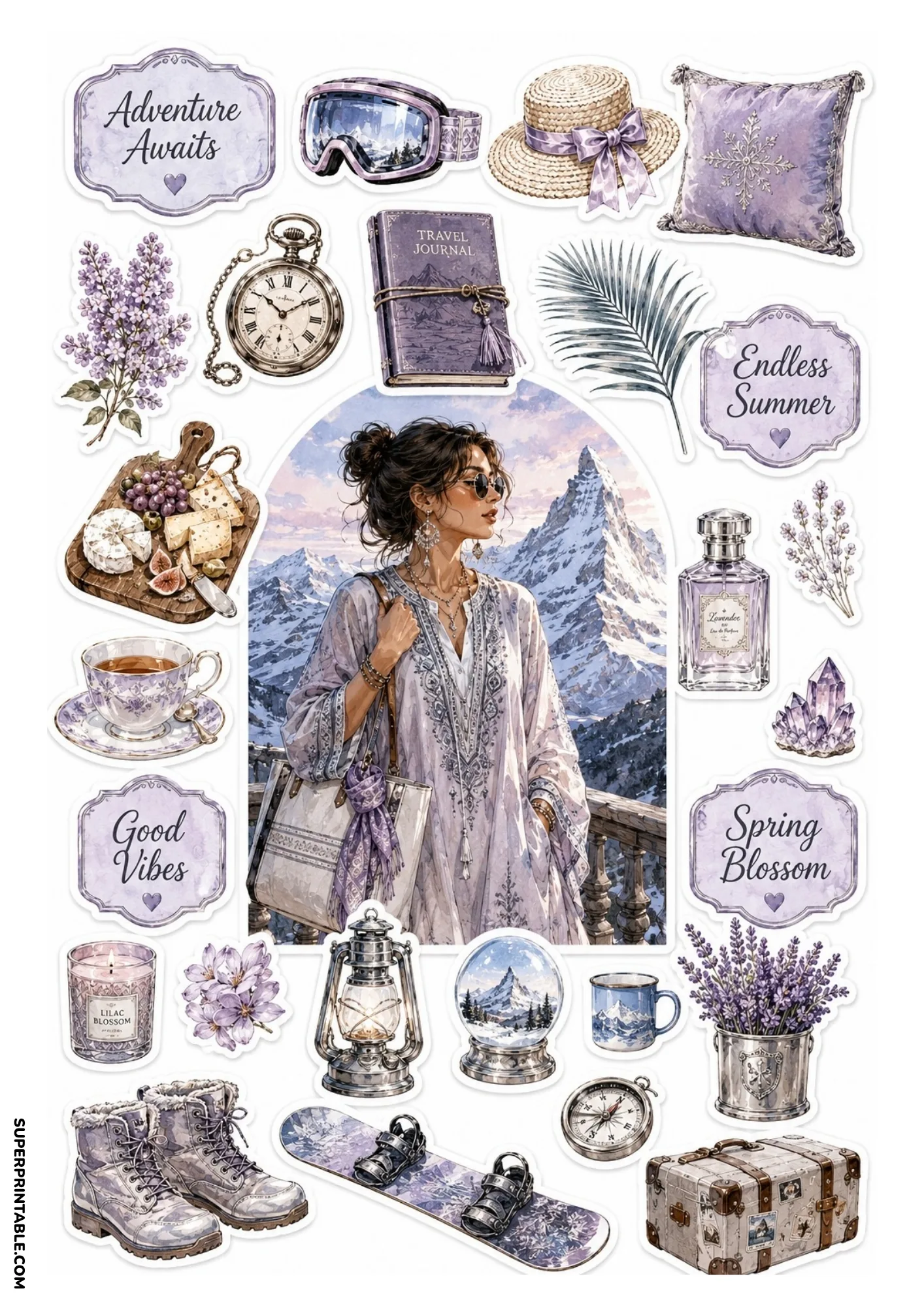 Sticker sheet depicting a woman in lavender tunic against mountain peaks surrounded by amethyst crystals, lavender bouquets, snow boots, and snowboards.