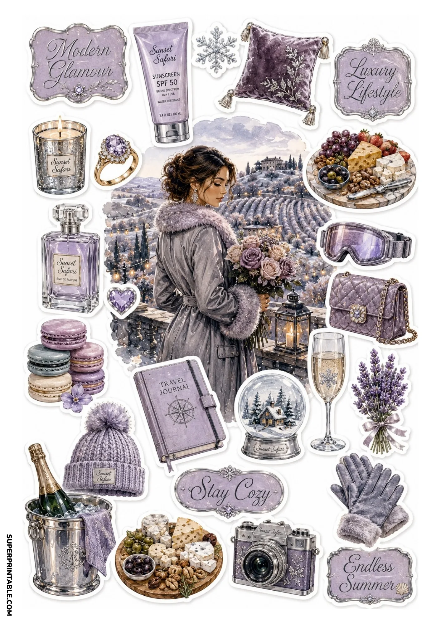 Sticker sheet showing a woman looking out over lavender fields surrounded by Sunset Safari beanie hats, snow globes, charcuterie boards, and champagne buckets.
