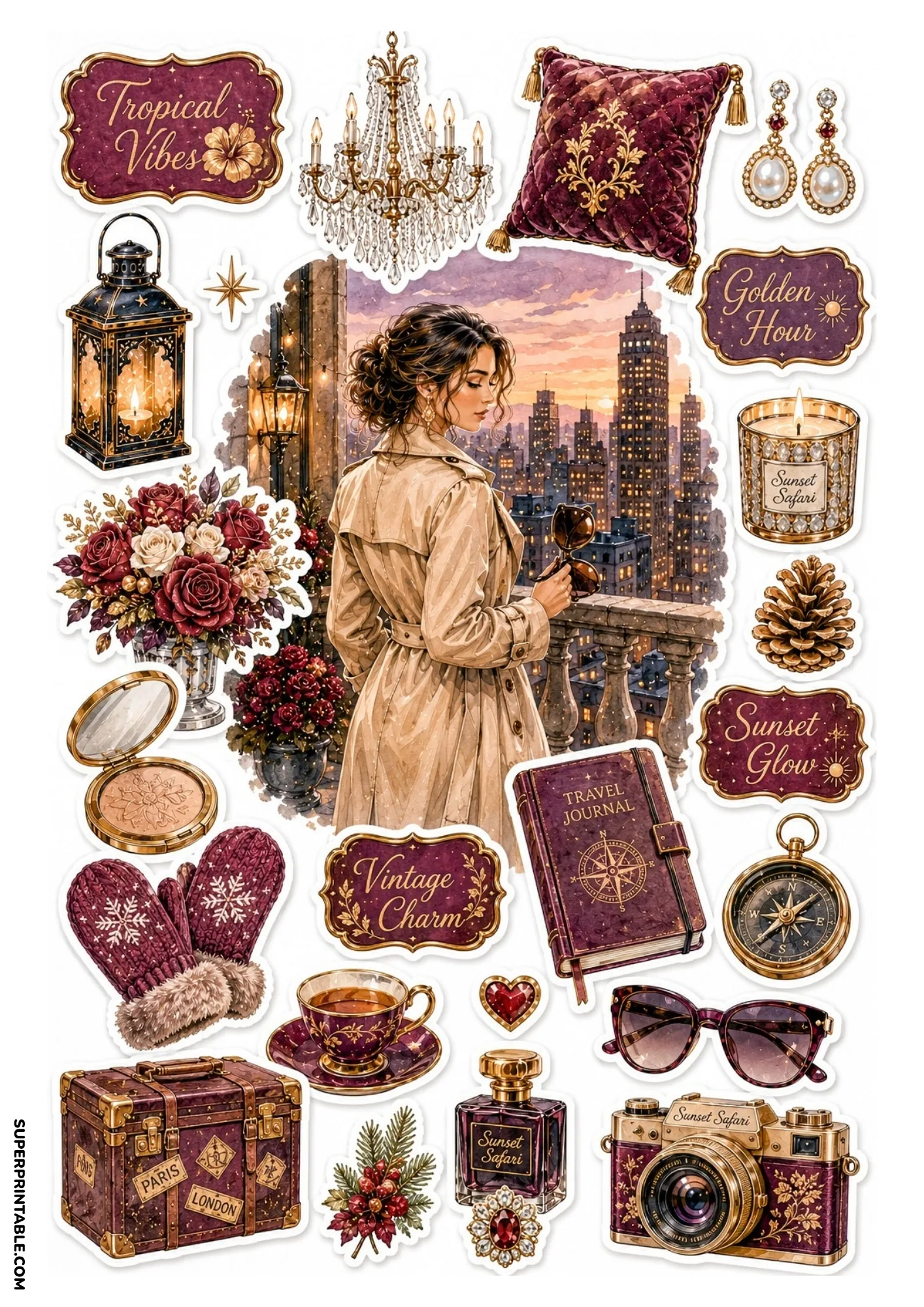 Sticker sheet featuring a woman on a skyscraper balcony at golden hour surrounded by burgundy travel trunks, city skylines, and glowing candles.
