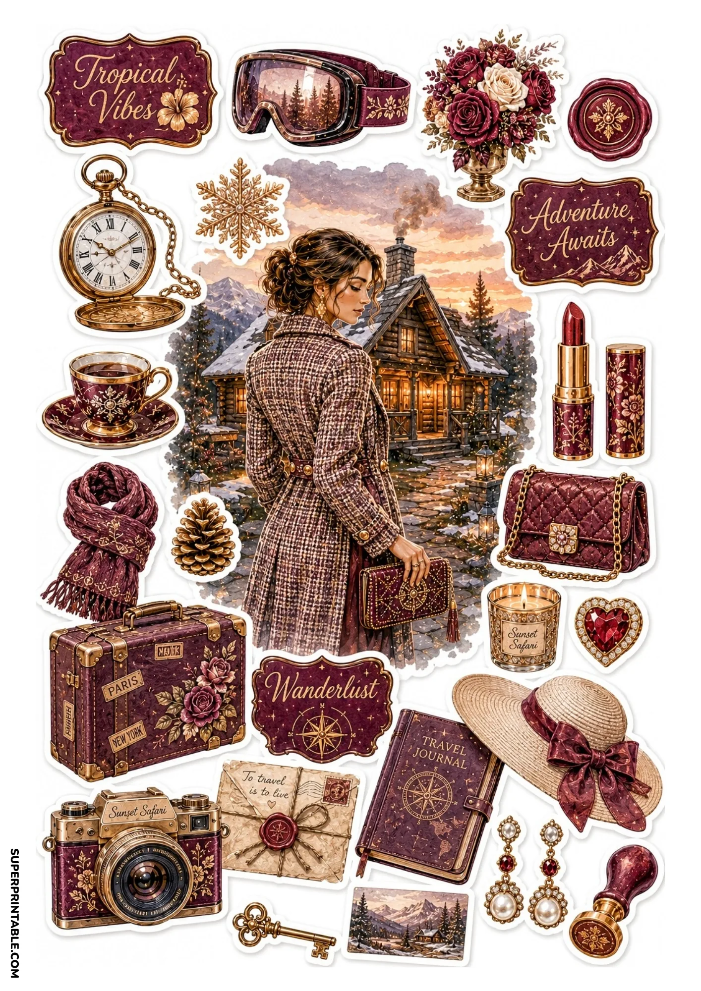 Sticker sheet showing a woman in a plaid coat outside a snowy cabin surrounded by travel letters, gold pocket watches, and burgundy floral suitcases.