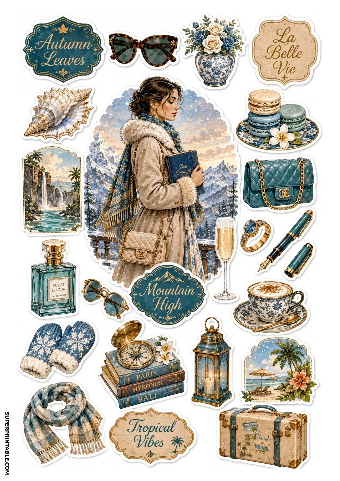 Sticker sheet featuring a woman in a winter coat holding a book against mountains, surrounded by blue quilted bags, travel book stacks, and macaron plates.