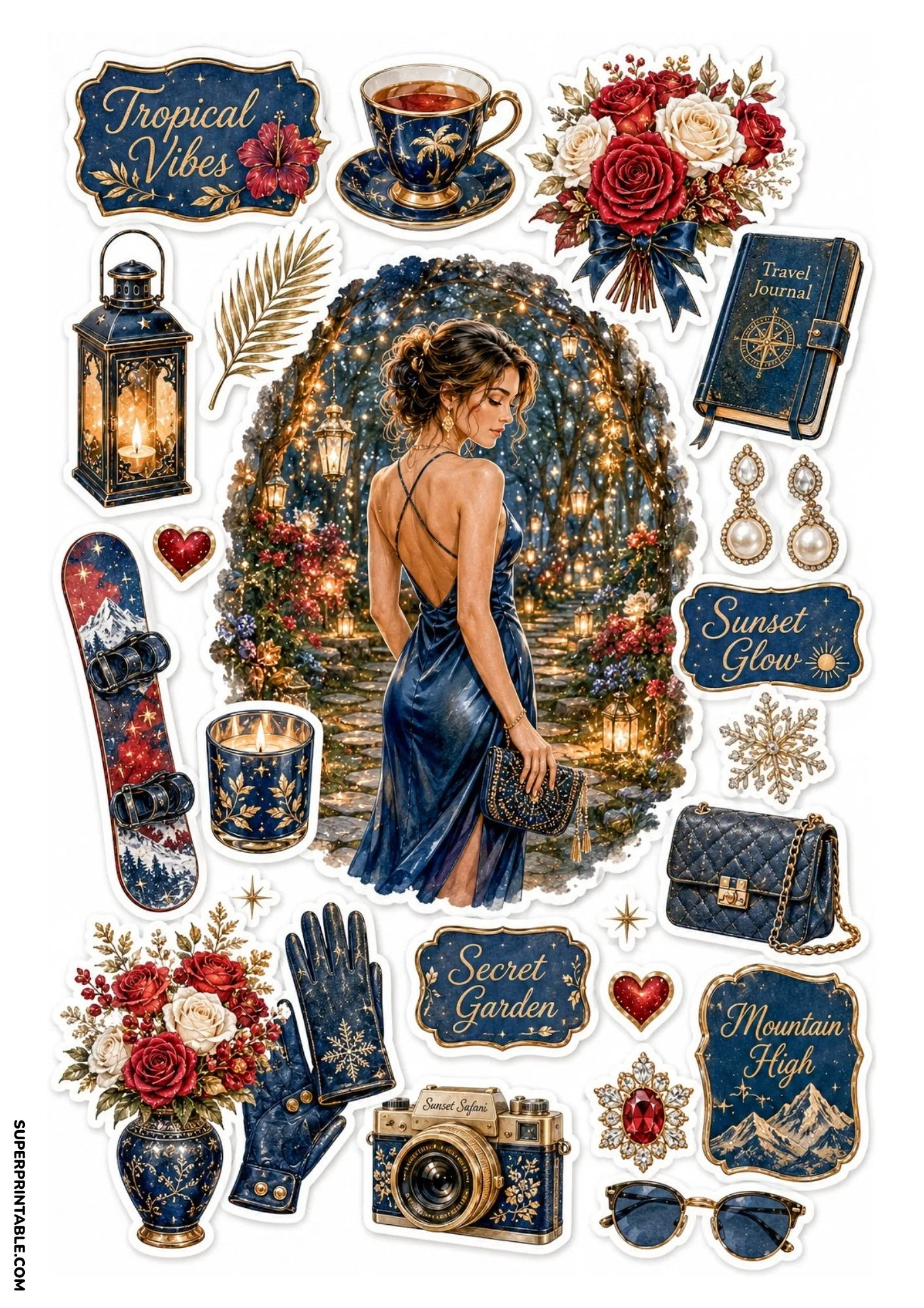Sticker sheet featuring a woman in a navy satin evening dress under fairy-lit trees surrounded by navy quilted bags, snowboards, and jeweled brooches.