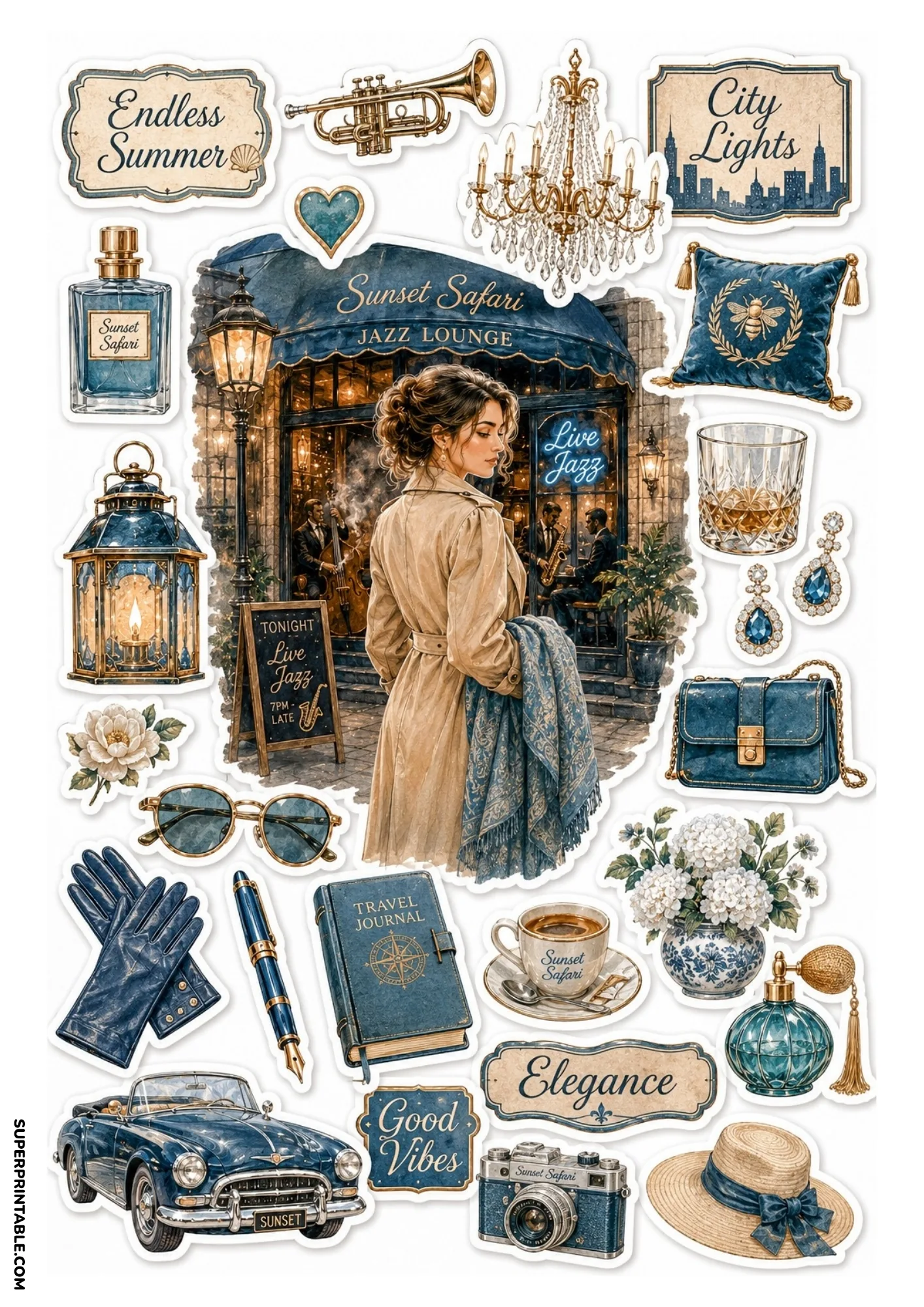 Sticker sheet showing a woman outside Sunset Safari Jazz Lounge surrounded by trumpets, whiskey glasses, blue classic cars, and blue velvet pillows.