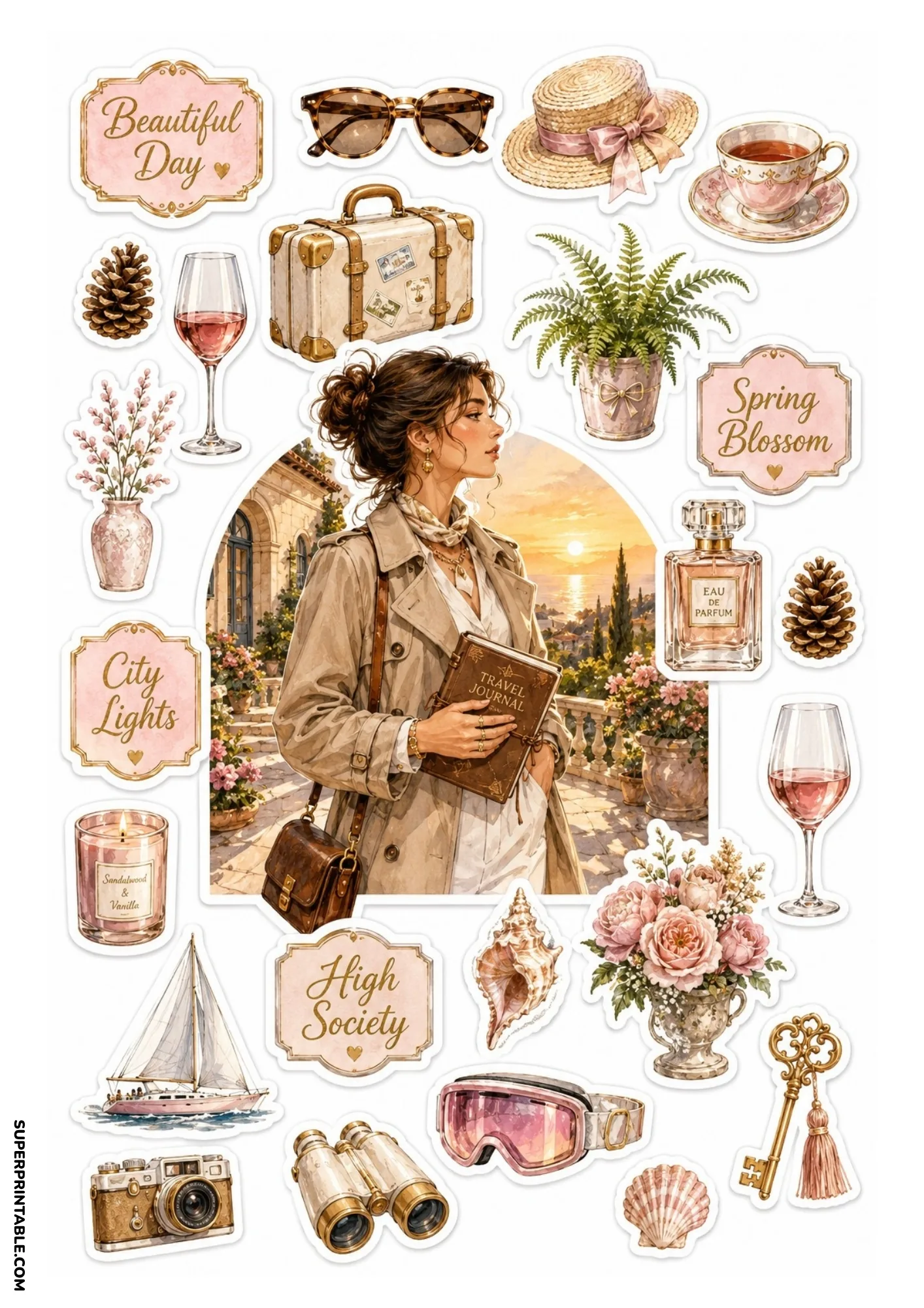 Sticker sheet featuring a woman in a trench coat holding a travel journal on a terrace overlooking the sea, surrounded by rosé wine, pink blossoms, and binoculars.