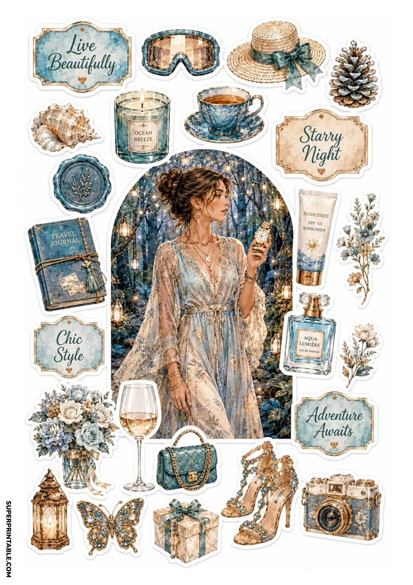 Sticker sheet with a woman in a sheer blue dress in a twilight forest surrounded by jeweled heels, sunscreen, blue candles, and travel journals.