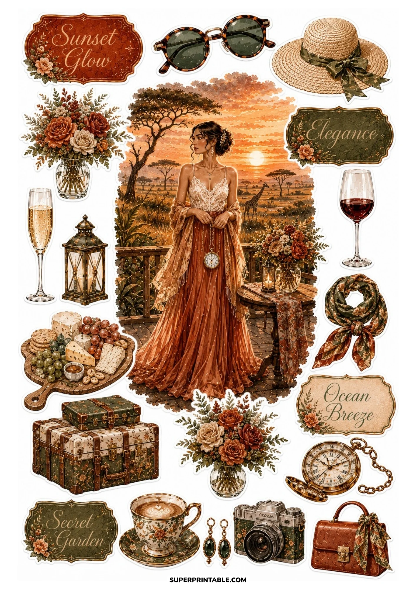A printable sticker sheet showing a woman on a wooden deck at sunset with a safari landscape, cheese board, luggage stack, and rose vase.