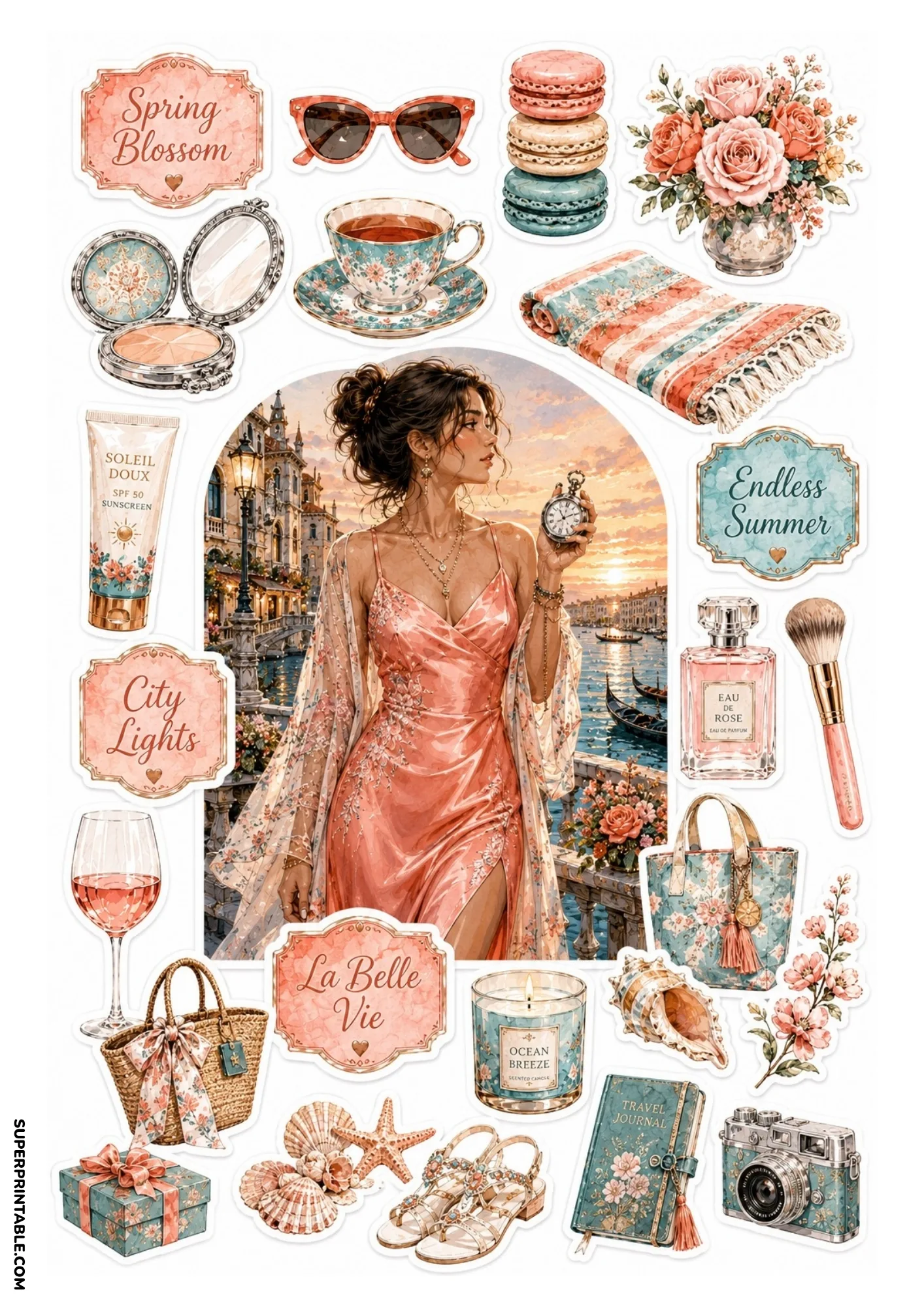 Sticker sheet showing a woman in a coral silk dress on a Venice balcony surrounded by beach towels, rose perfume, and Venetian gondola vibes.