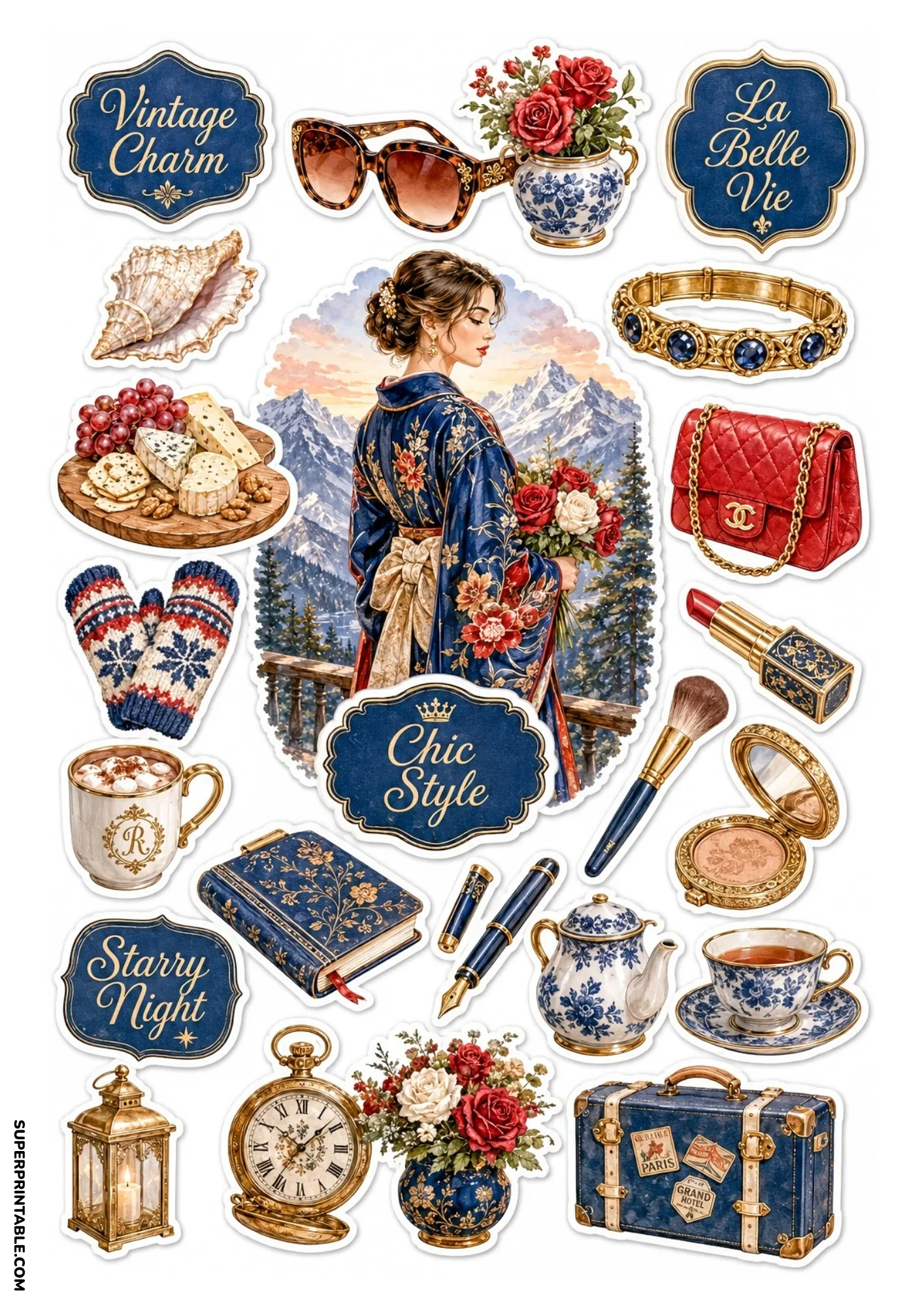 Sticker sheet showing a woman in a floral kimono against snowy mountains surrounded by alpine travel elements and blue porcelain.