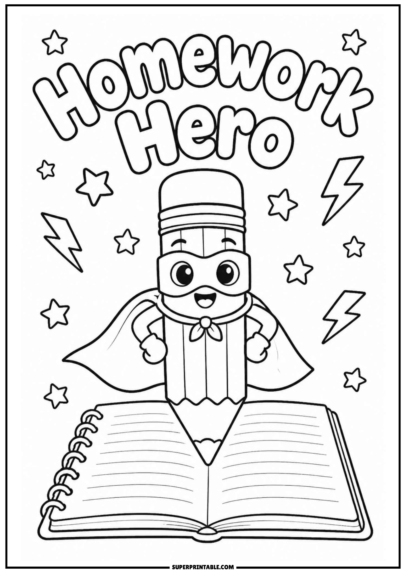 A superhero pencil character wearing a mask and cape standing on an open spiral notebook with stars and lightning bolts in the background, titled Homework Hero.