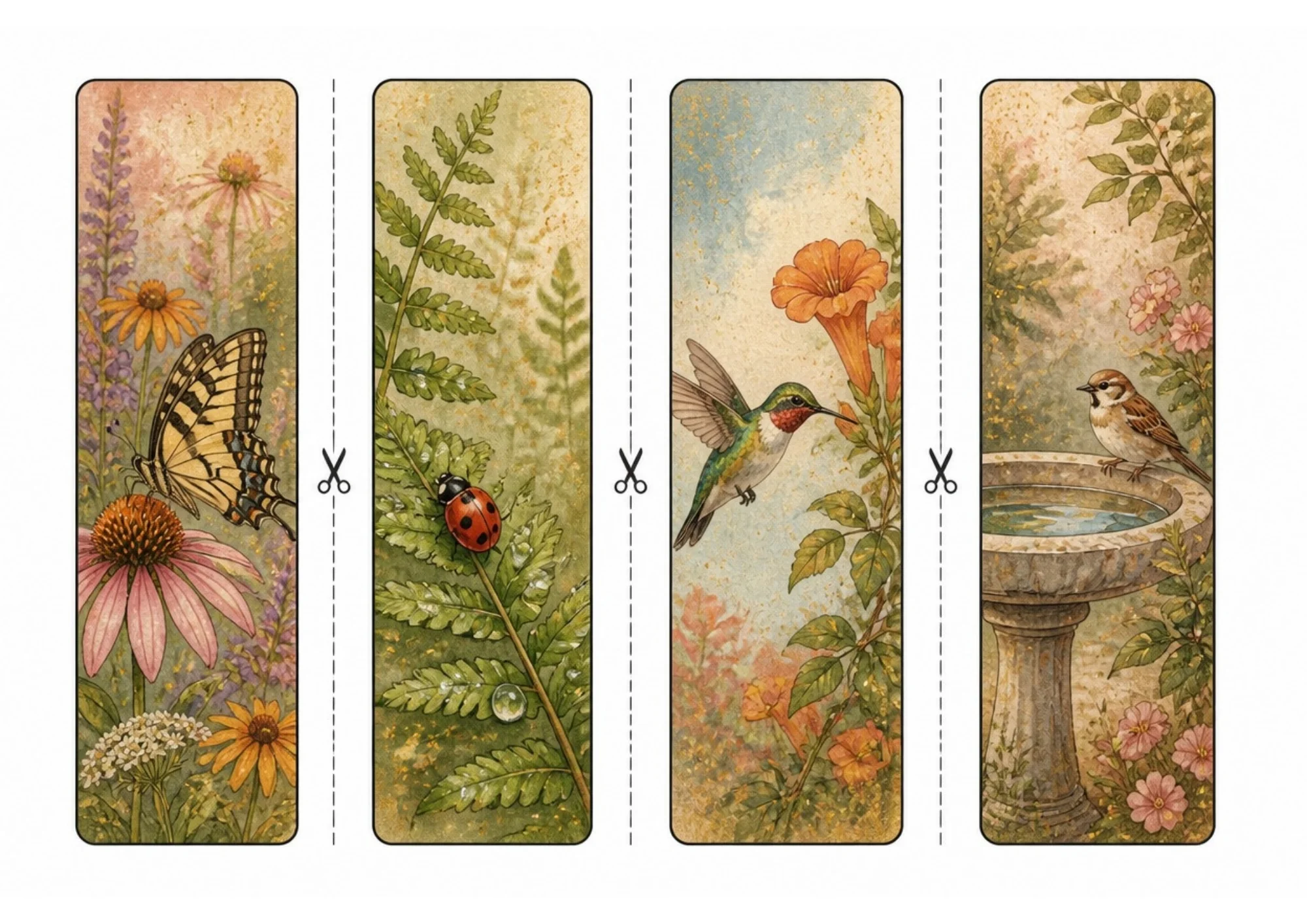 Four watercolor nature bookmarks featuring a yellow swallowtail butterfly on pink coneflower, a red ladybug on dewy ferns, a hummingbird drinking from trumpet vine, and a sparrow on a stone birdbath.