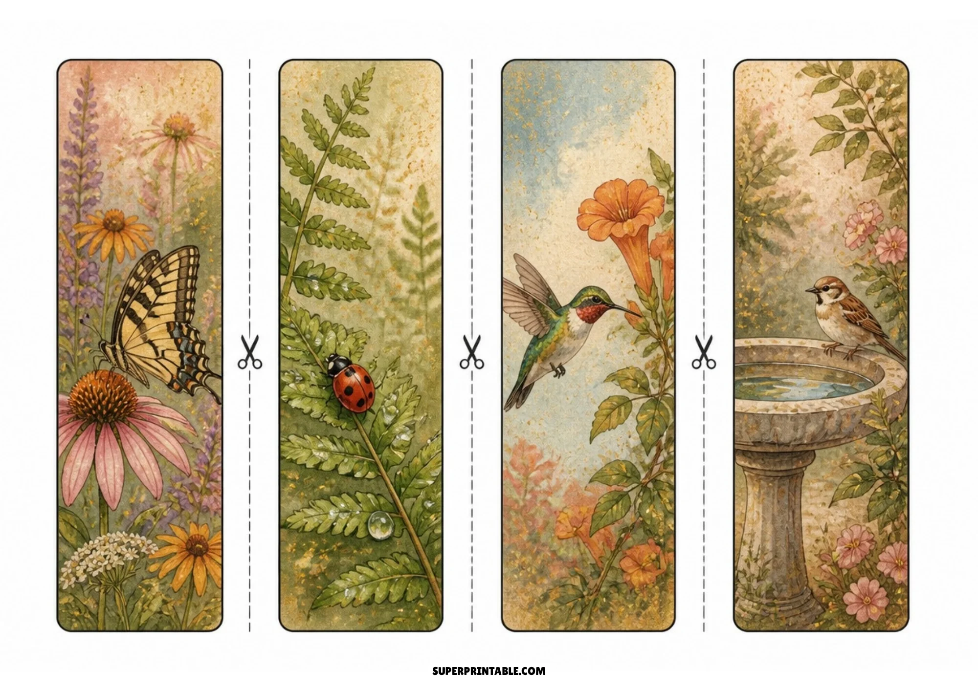 Four garden nature bookmarks displaying a tiger swallowtail butterfly, a ladybug on a fern leaf, a hummingbird with trumpet vines, and a birdbath.