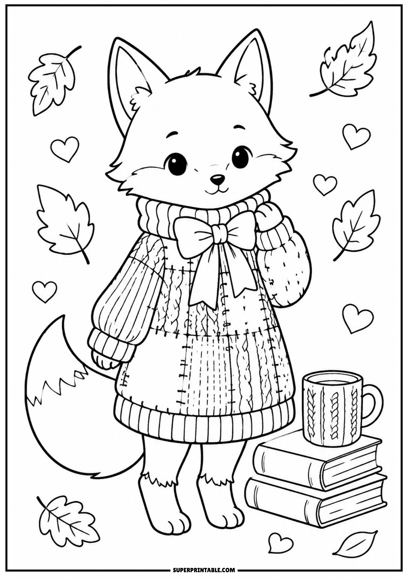 A vintage style coloring page of a cute fox dressed in a warm patchwork knit sweater dress with a large bow, standing next to a stack of books and a mug with a knit-patterned sleeve, with falling autumn leaves and hearts in the background.