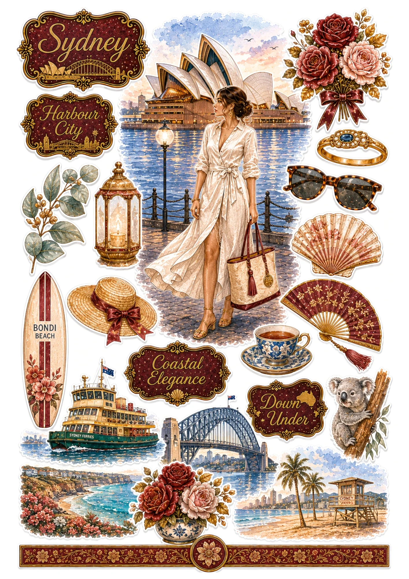 Sydney sticker collection showing a woman in a white wrap dress at Sydney Opera House, green ferry, Bondi surfboard, and koala.