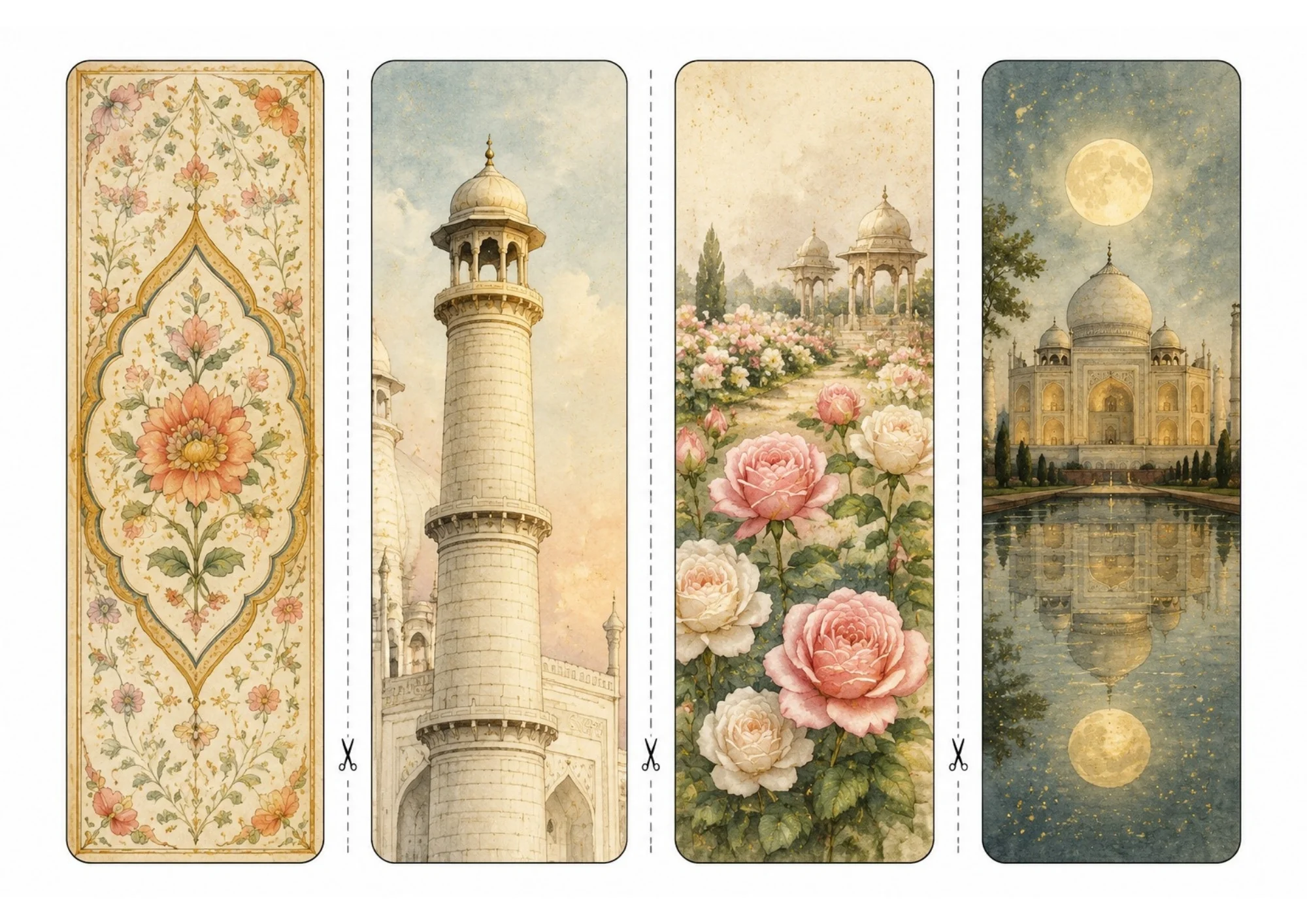 Printable sheet with four vertical bookmarks showing floral medallion border, white marble minaret tower, pink rose garden path with marble pavilion, and Taj Mahal under full moon night sky.