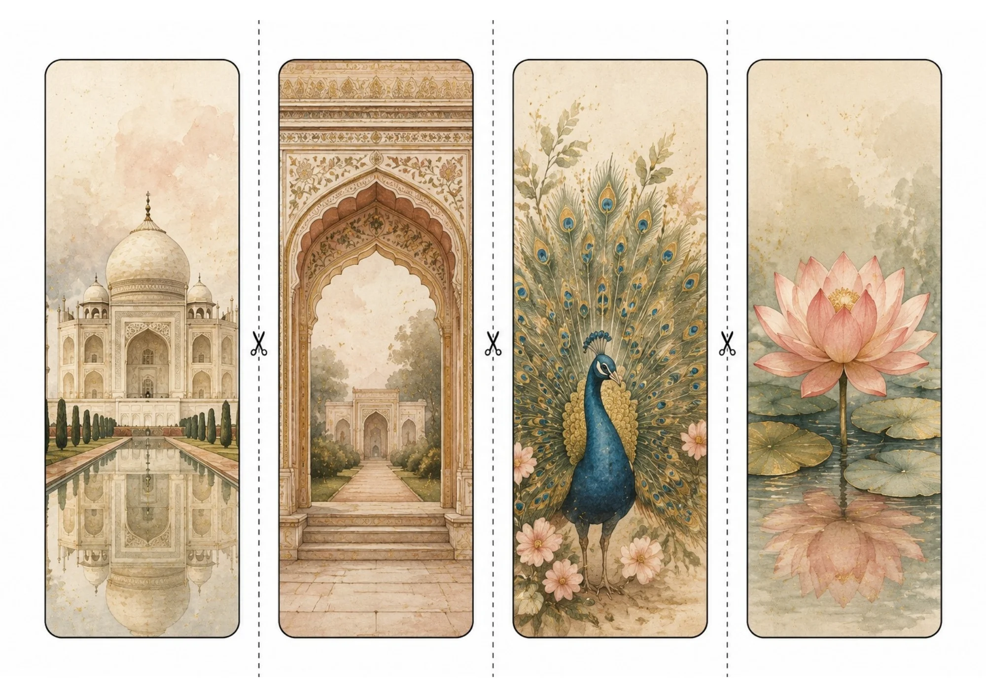 Printable sheet of four watercolor bookmarks featuring Taj Mahal reflecting pool, carved Mughal archway garden view, blue peacock with fanned tail feathers, and pink lotus blossom in water.