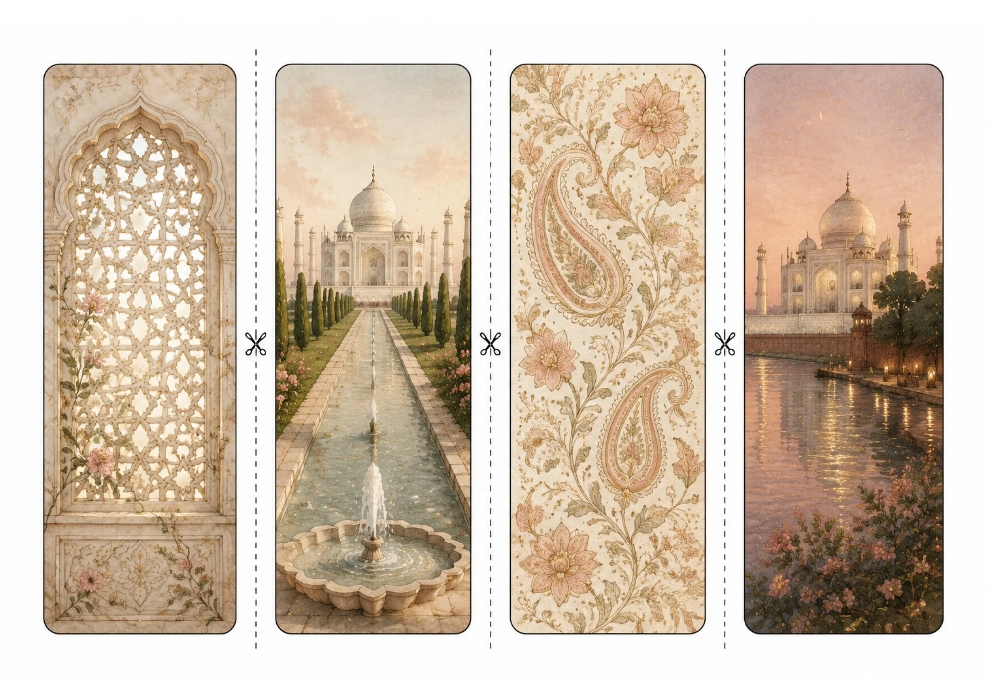 Printable bookmark sheet with four vertical designs displaying a carved marble archway screen, Taj Mahal reflecting pool with fountains, beige floral paisley pattern, and sunset river scene.