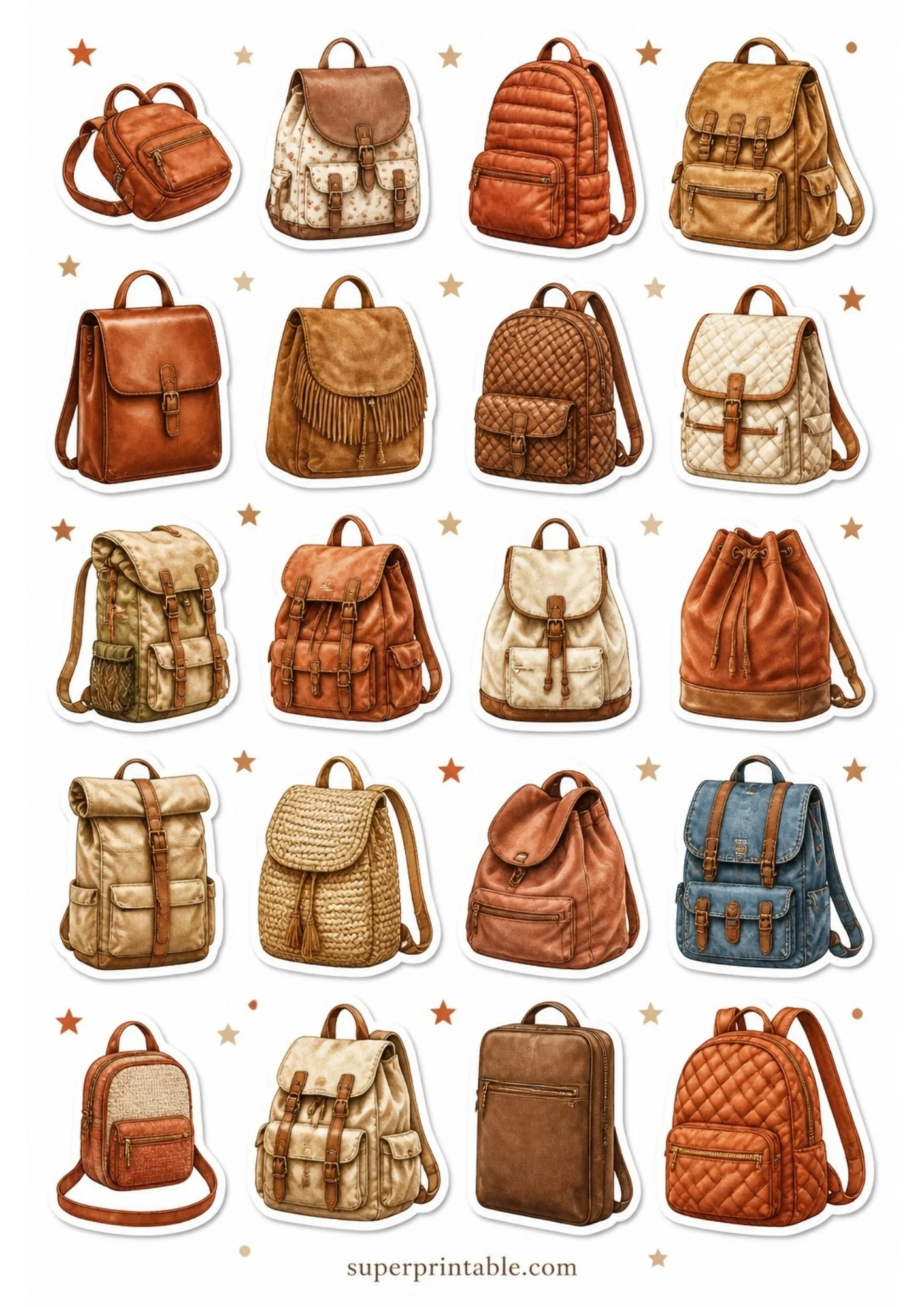 A sheet of printable stickers with twenty individual backpacks in rich tan, copper, and warm brown colors, surrounded by copper stars.