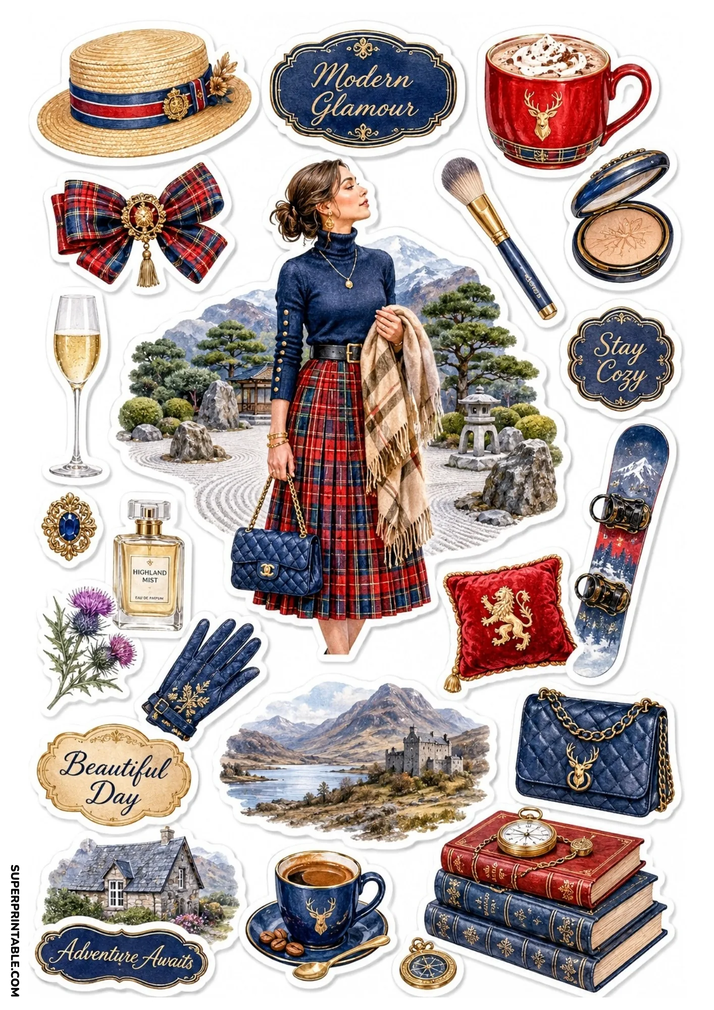 Scottish tartan sticker sheet with a woman in a plaid skirt, hot chocolate, Highland Mist perfume, and mountain scenery.