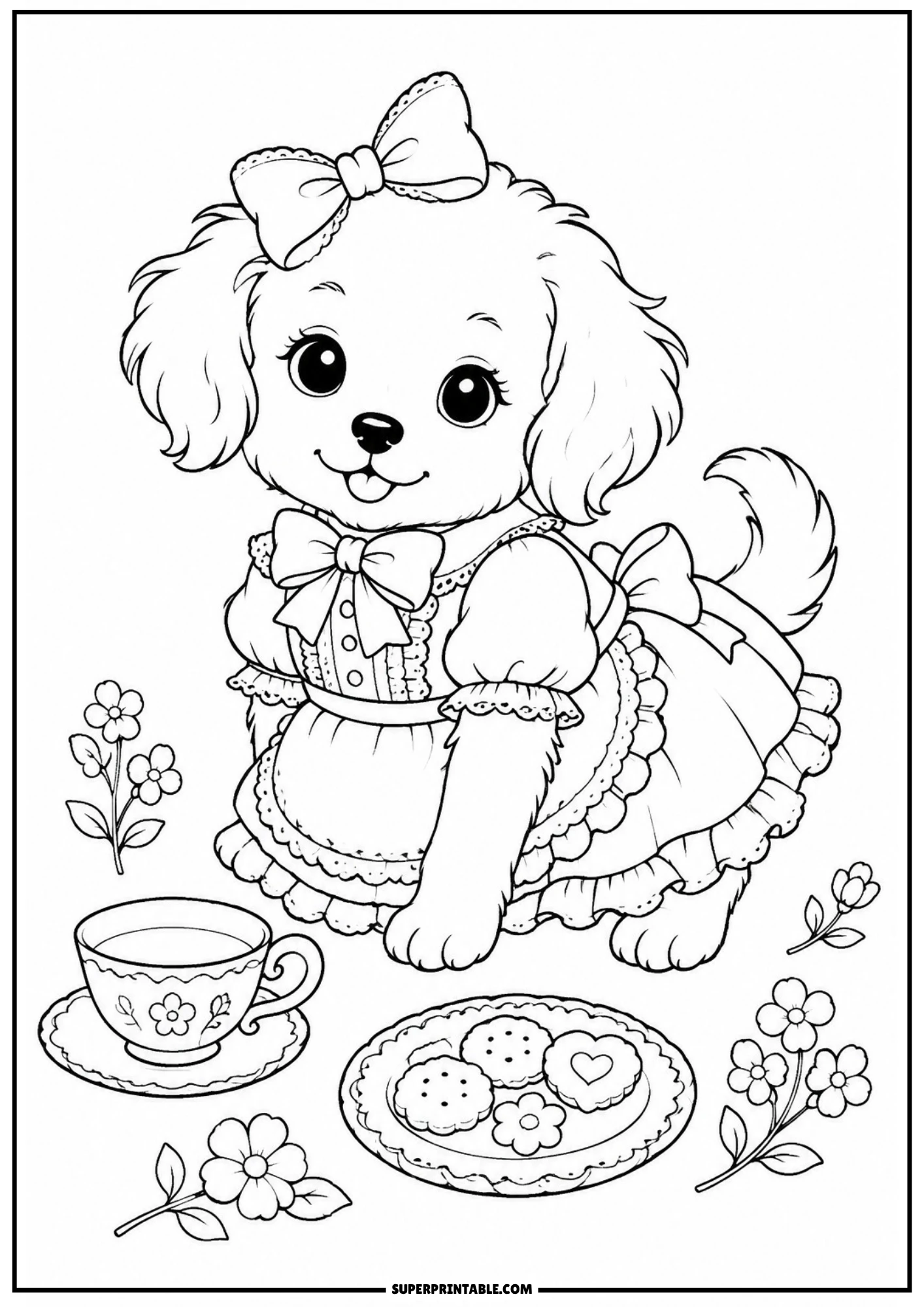 A coloring page showing a cute puppy in a ruffled dress next to a teacup on a saucer and a plate of heart and flower-shaped cookies.
