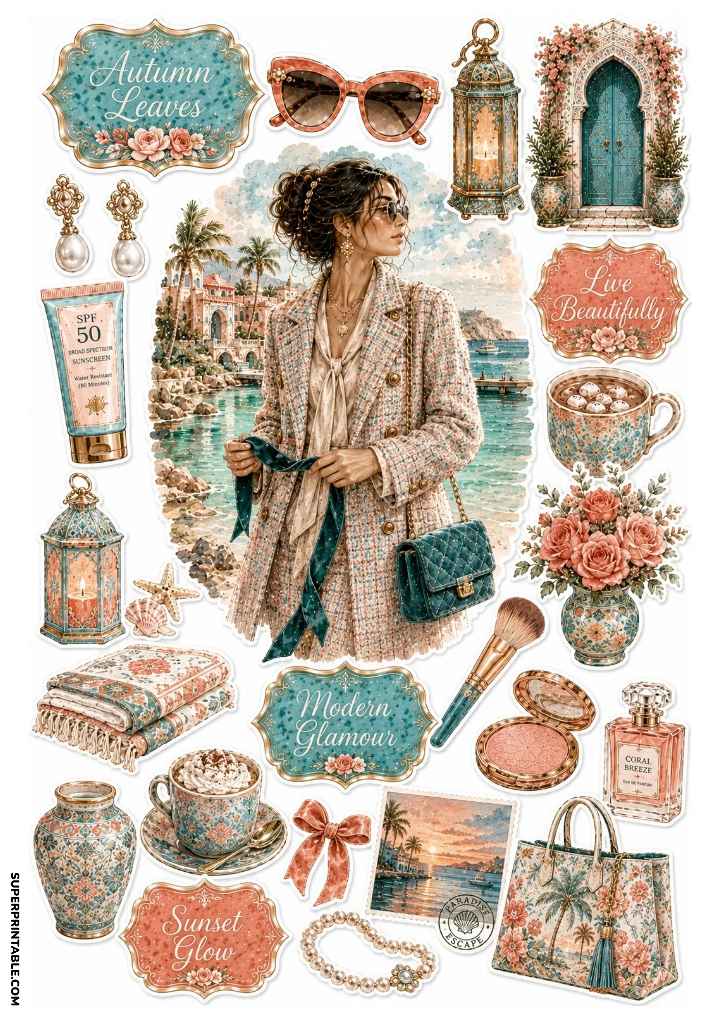 Teal and coral sticker sheet featuring a woman on a coastal balcony, coral perfume bottle, floral tote bag, and paradise postcard.