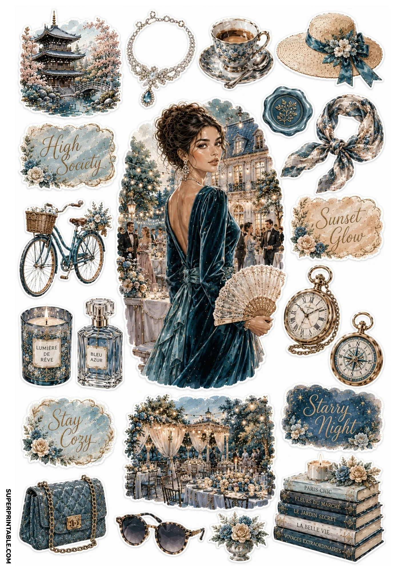 Teal and gold evening sticker sheet featuring a pagoda temple, woman in velvet dress, outdoor party gazebo, bicycle with basket, and pocket watch.