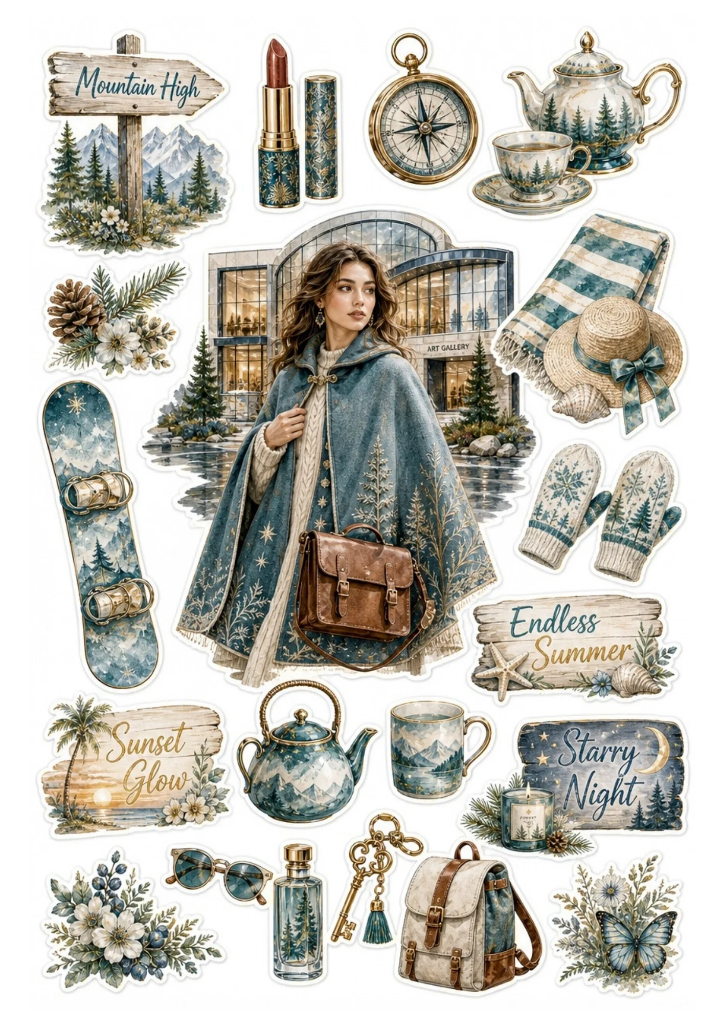 Sticker sheet showing a woman in a teal cloak with a snowboard.