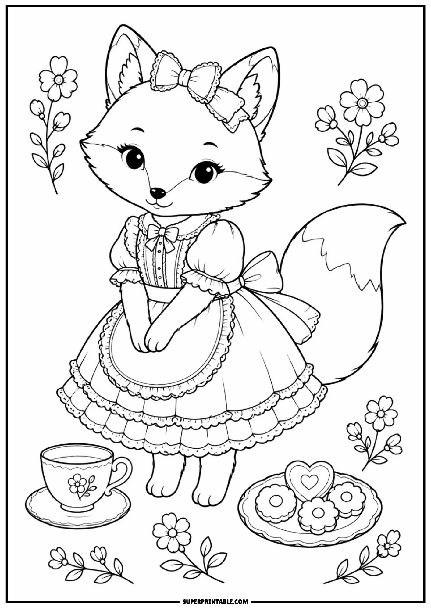 A vintage style coloring page of a cute fox wearing a ruffled dress with an apron and a bow, standing next to a teacup on a saucer and a plate of heart and flower-shaped cookies, surrounded by floral sprigs.