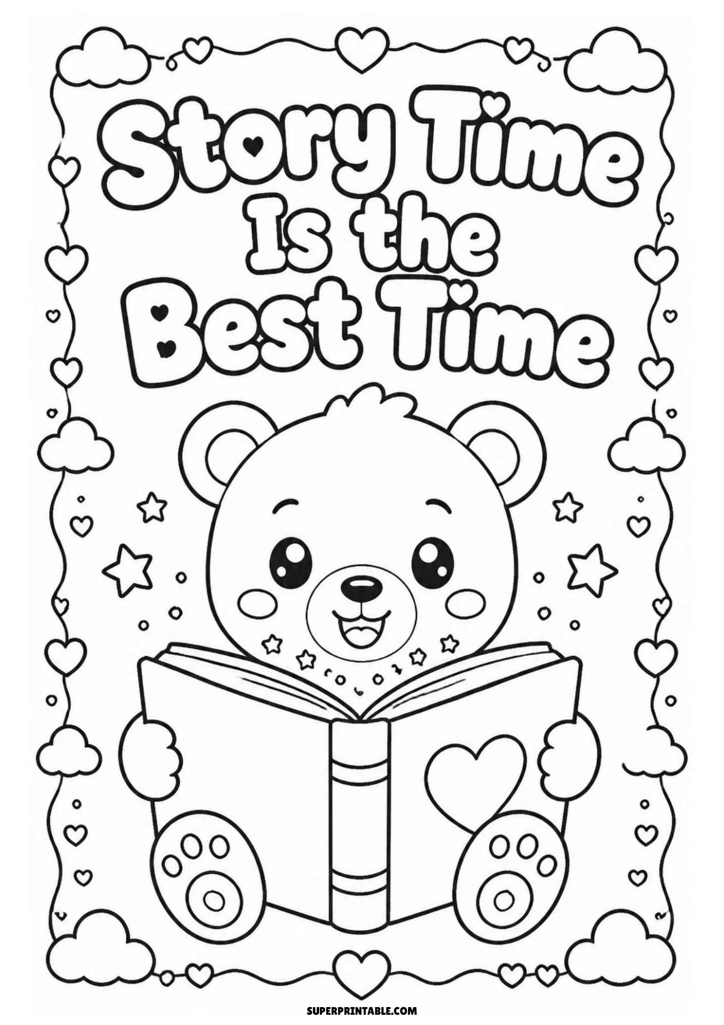 A cartoon teddy bear sitting and reading an open storybook surrounded by a heart and cloud border with the text Story Time Is the Best Time.