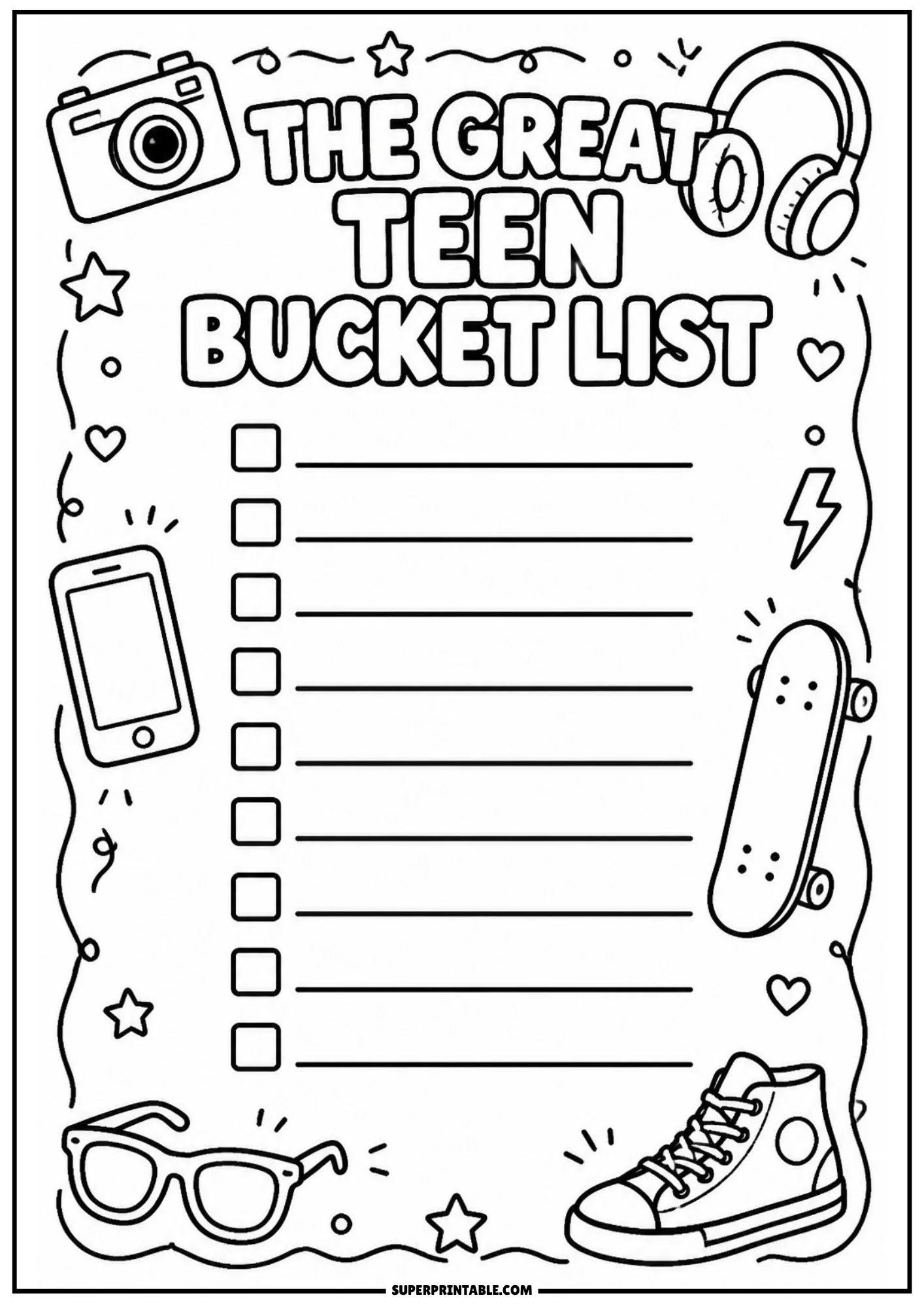 Printable teen bucket list checklist page decorated with an instant camera, headphones, smartphone, skateboard, glasses frame, and high-top sneaker.