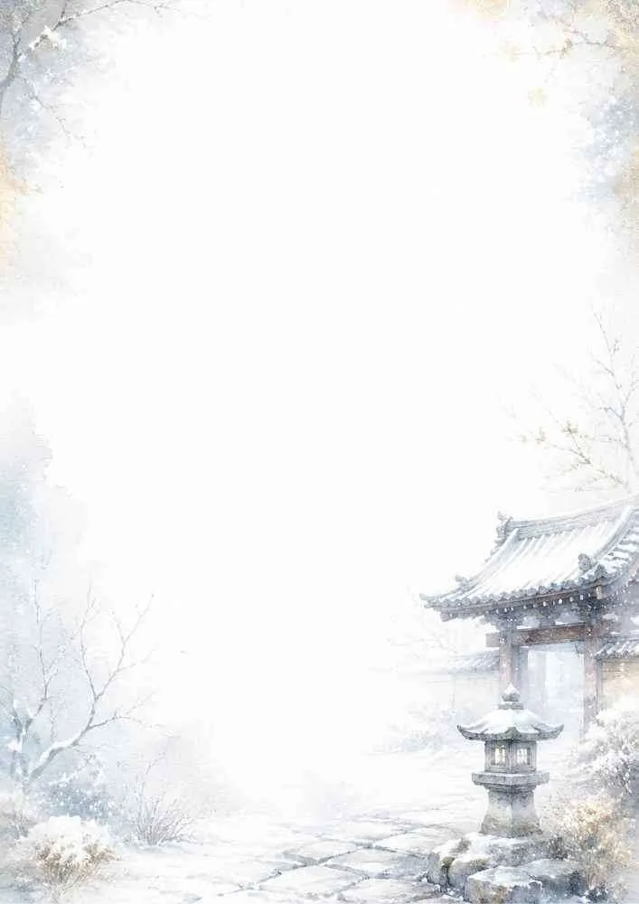 Watercolor border page depicting a traditional temple gate and stone lantern covered in soft winter snow.
