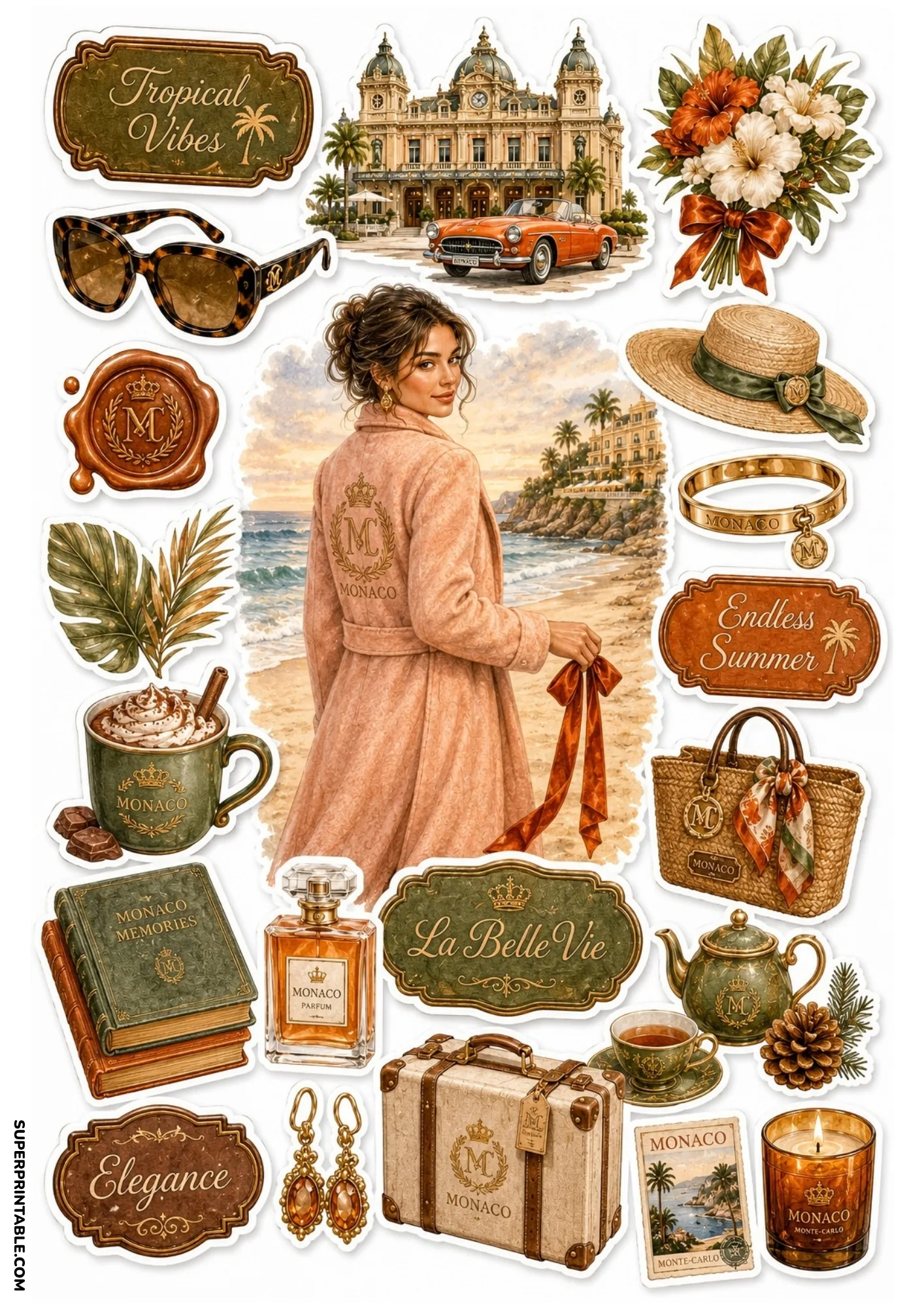 Printable sticker sheet depicting a woman on a Monaco beach, Monte Carlo Casino, leather books, coffee mug, and warm tropical stickers.