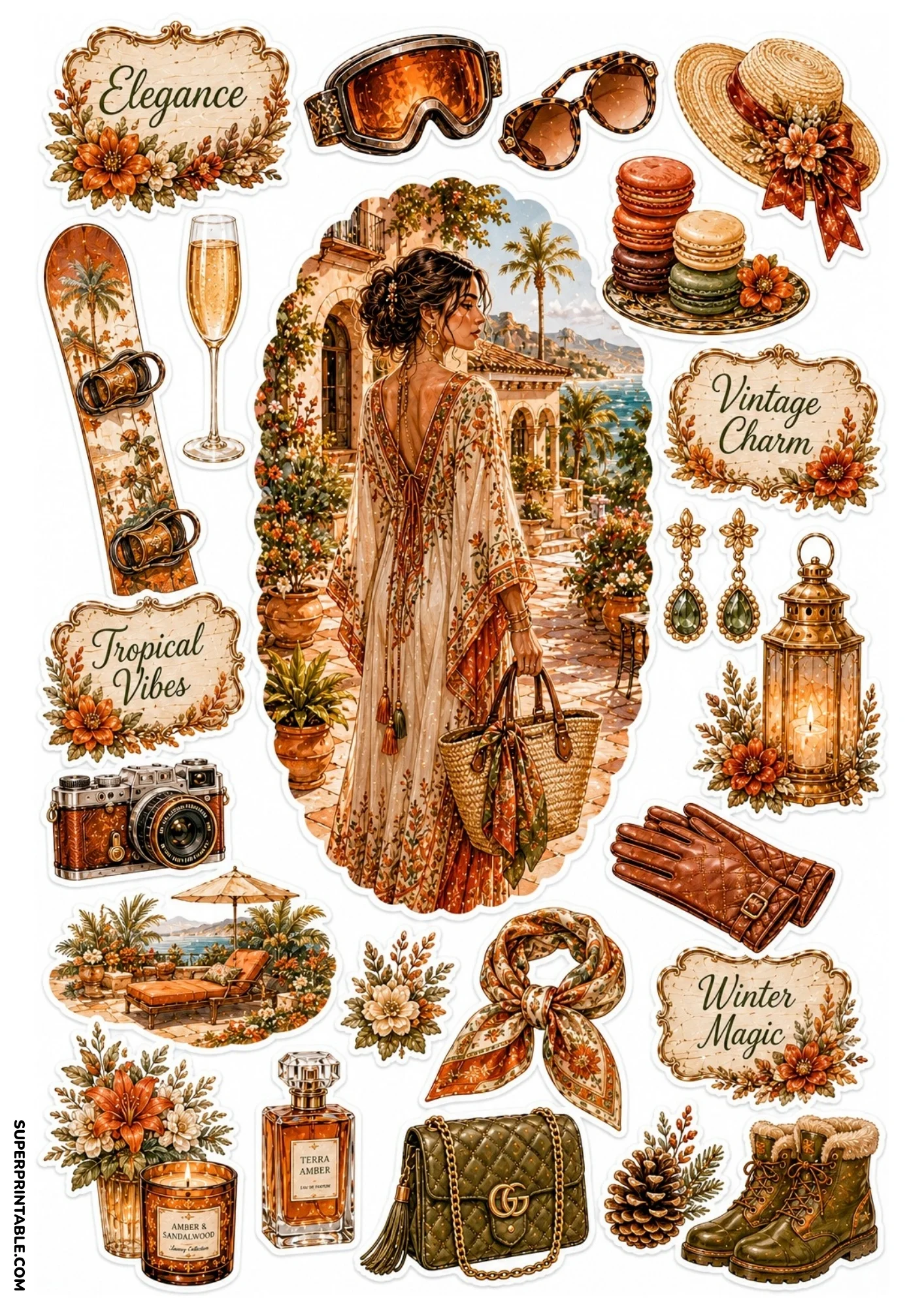 Printable sticker sheet showing a woman in a terracotta bohemian dress at a villa, surrounded by a floral snowboard, resort patio artwork, macaron platter, winter boots, and leather accessories.