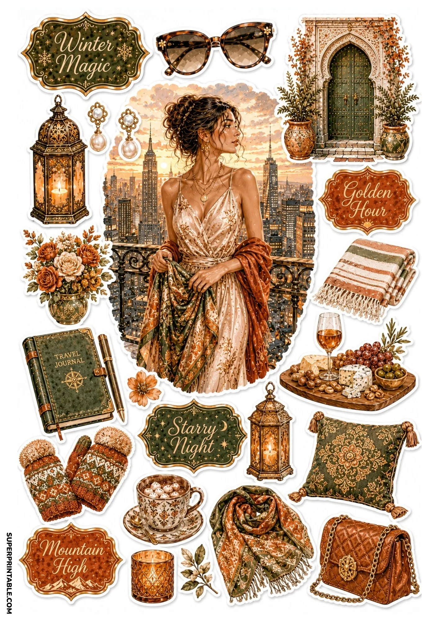 Terracotta sunset city balcony sticker sheet featuring an evening gown model, golden hour badge, charcuterie board, and warm cozy accessories.