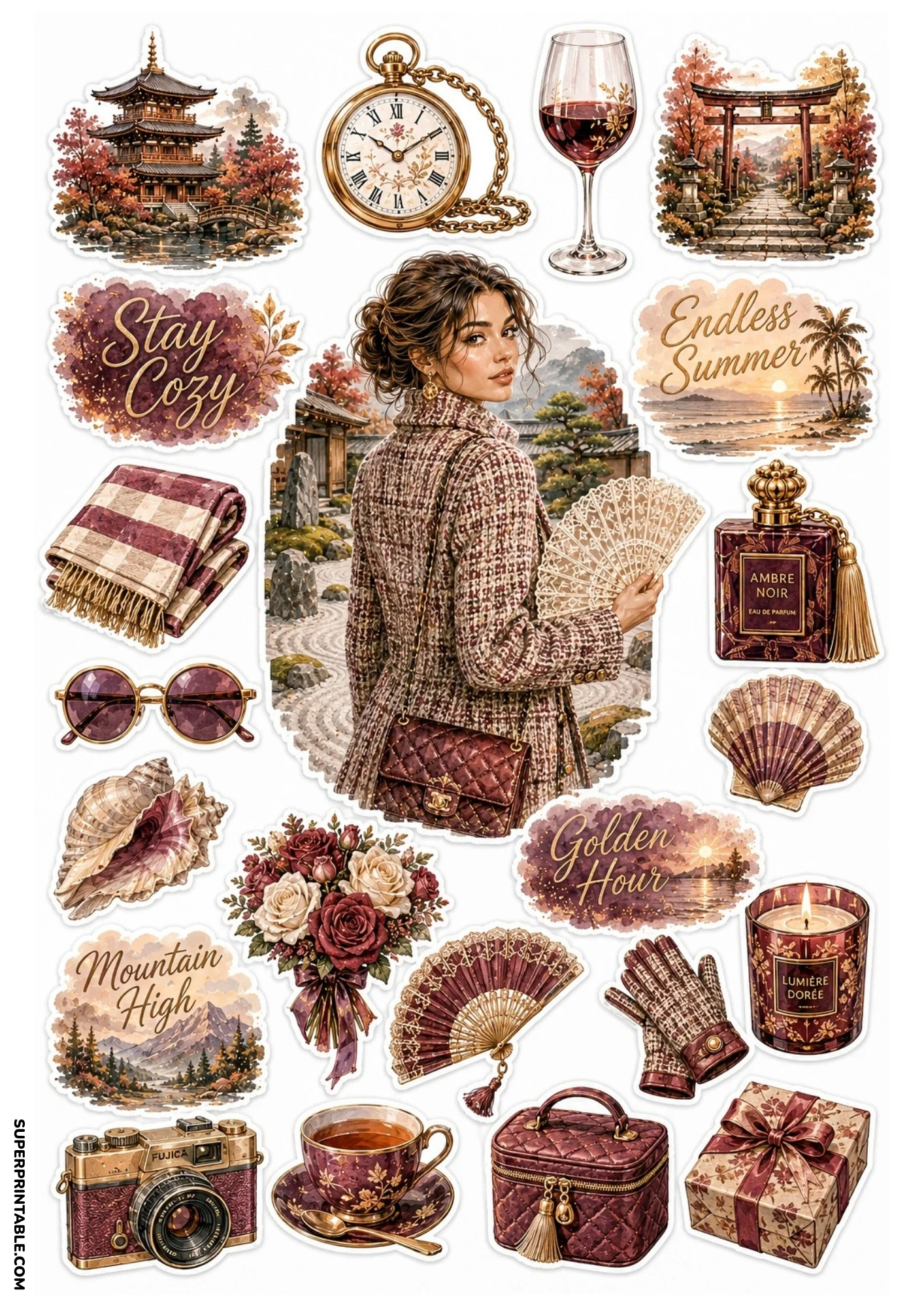 Terracotta themed sticker sheet featuring a pagoda with red autumn trees, Torii gate entrance, tweed coat portrait, folding hand fan, and camera.