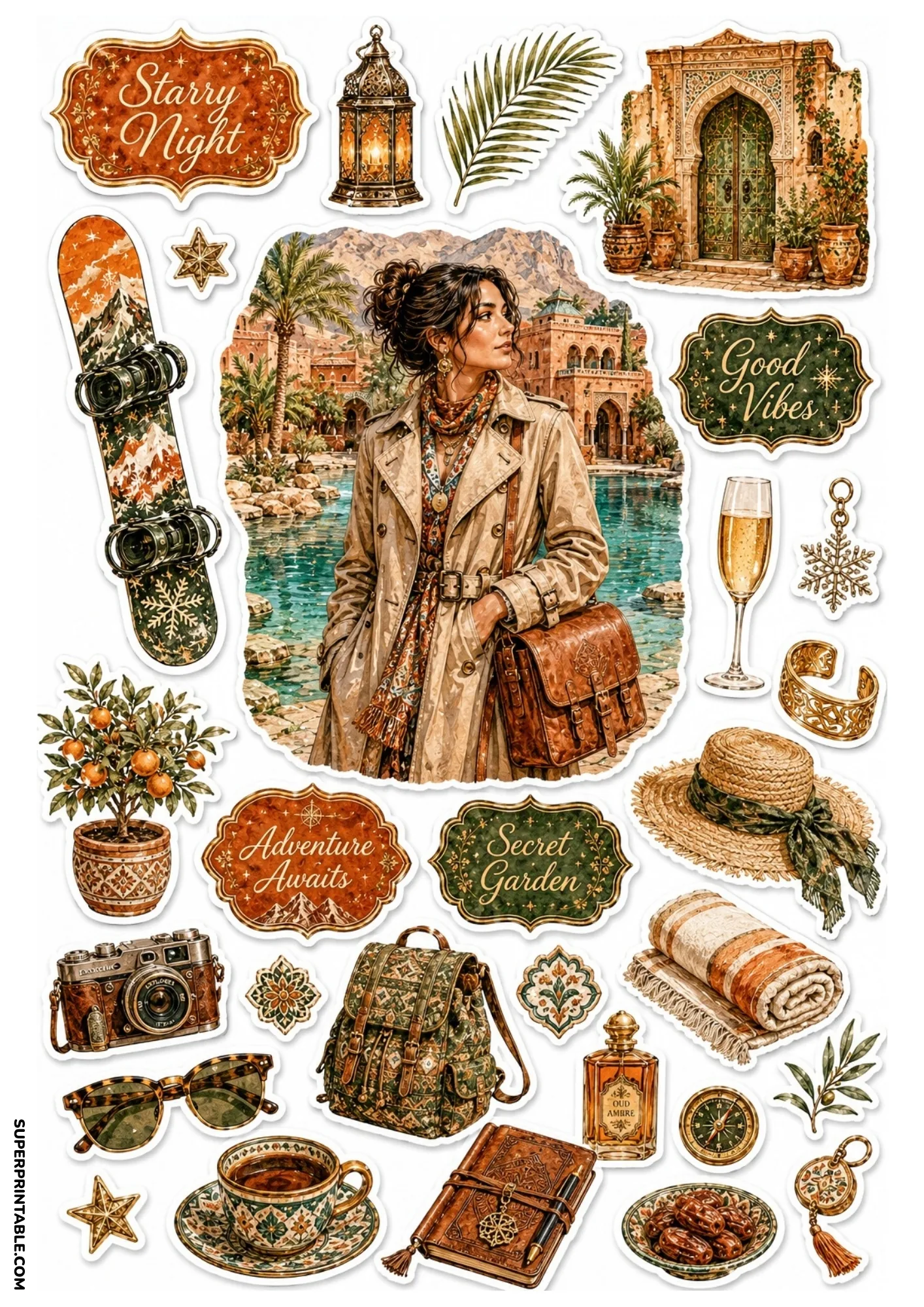Moroccan oasis themed printable sticker sheet with terracotta and olive tones, featuring a traveler, vintage camera, backpack, and dates.