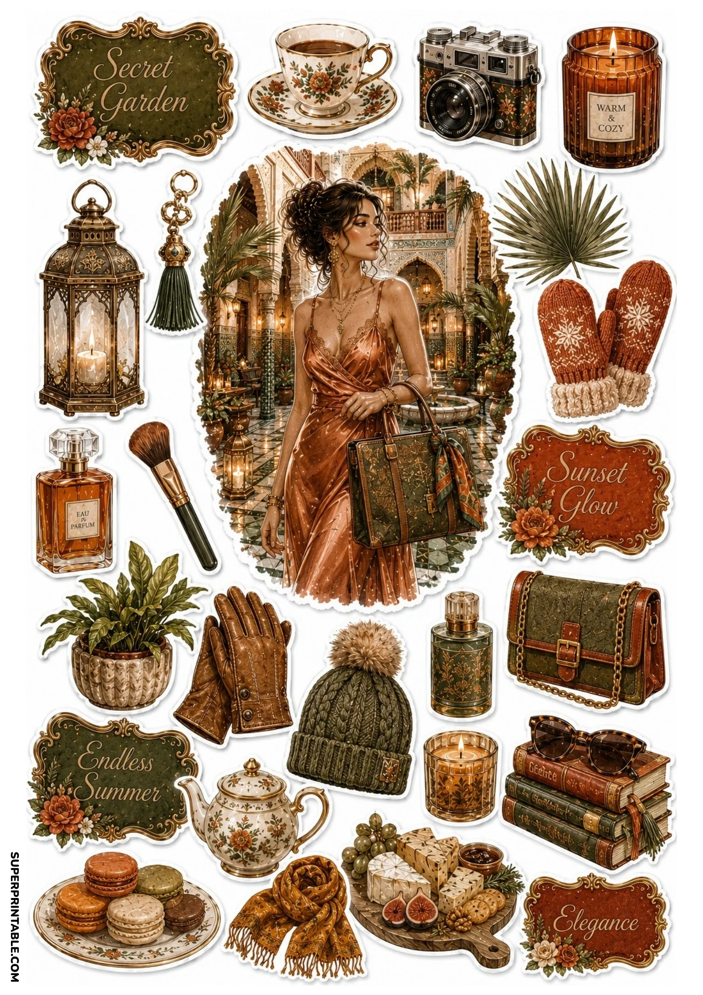 Terracotta themed sticker sheet with a woman in an ornate palace interior, tea set, winter beanie, leather handbag, and decorative labels.