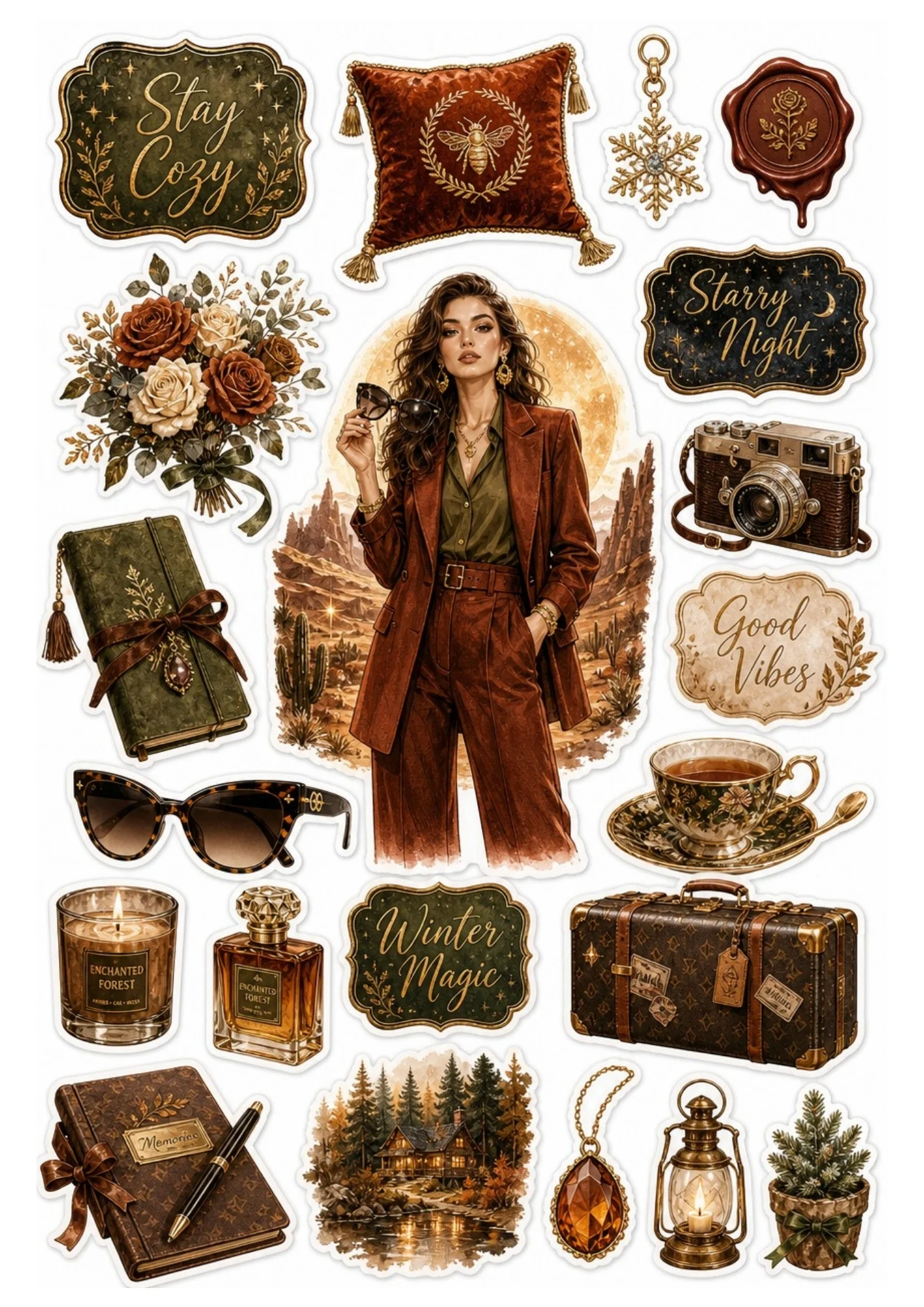 Printable stickers depicting a woman in a terracotta suit in a desert.