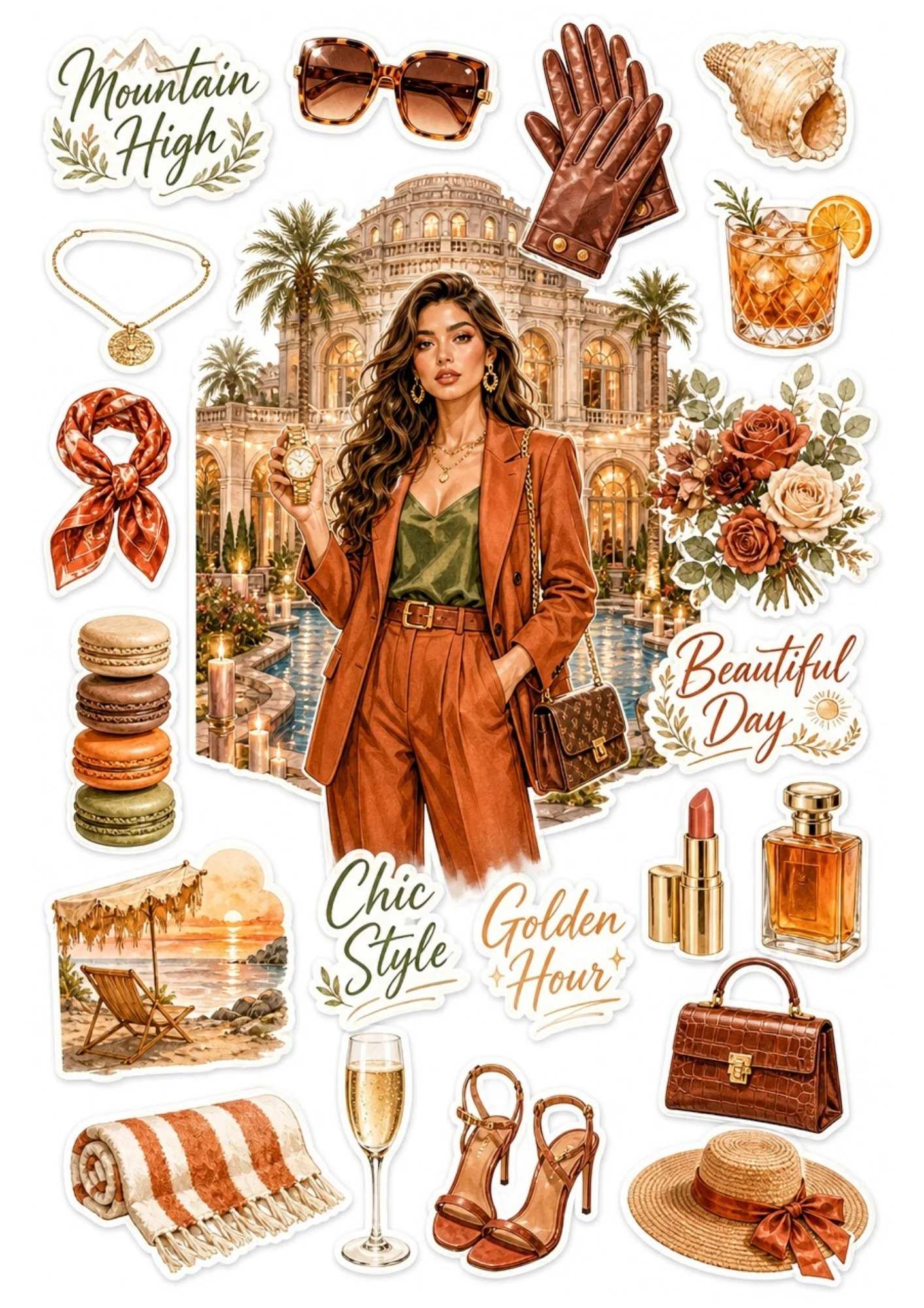 Printable sticker sheet showing a woman in a terracotta pantsuit by a resort pool, with leather gloves, amber perfume bottle, iced drink, and straw hat.