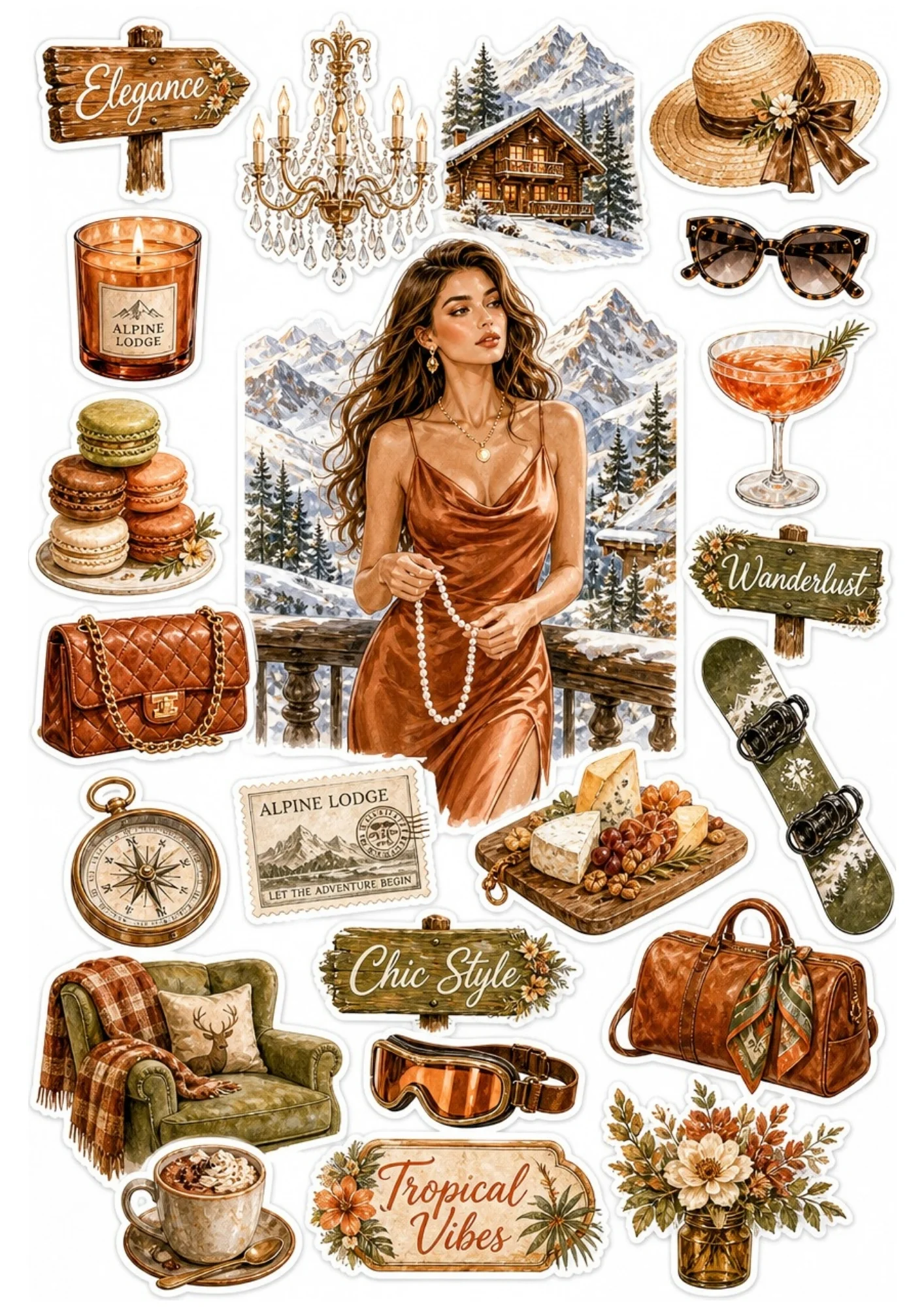 A cognac brown sticker sheet featuring a woman in a satin dress, wooden snowboard, cheese charcuterie board, and leather duffel bag.
