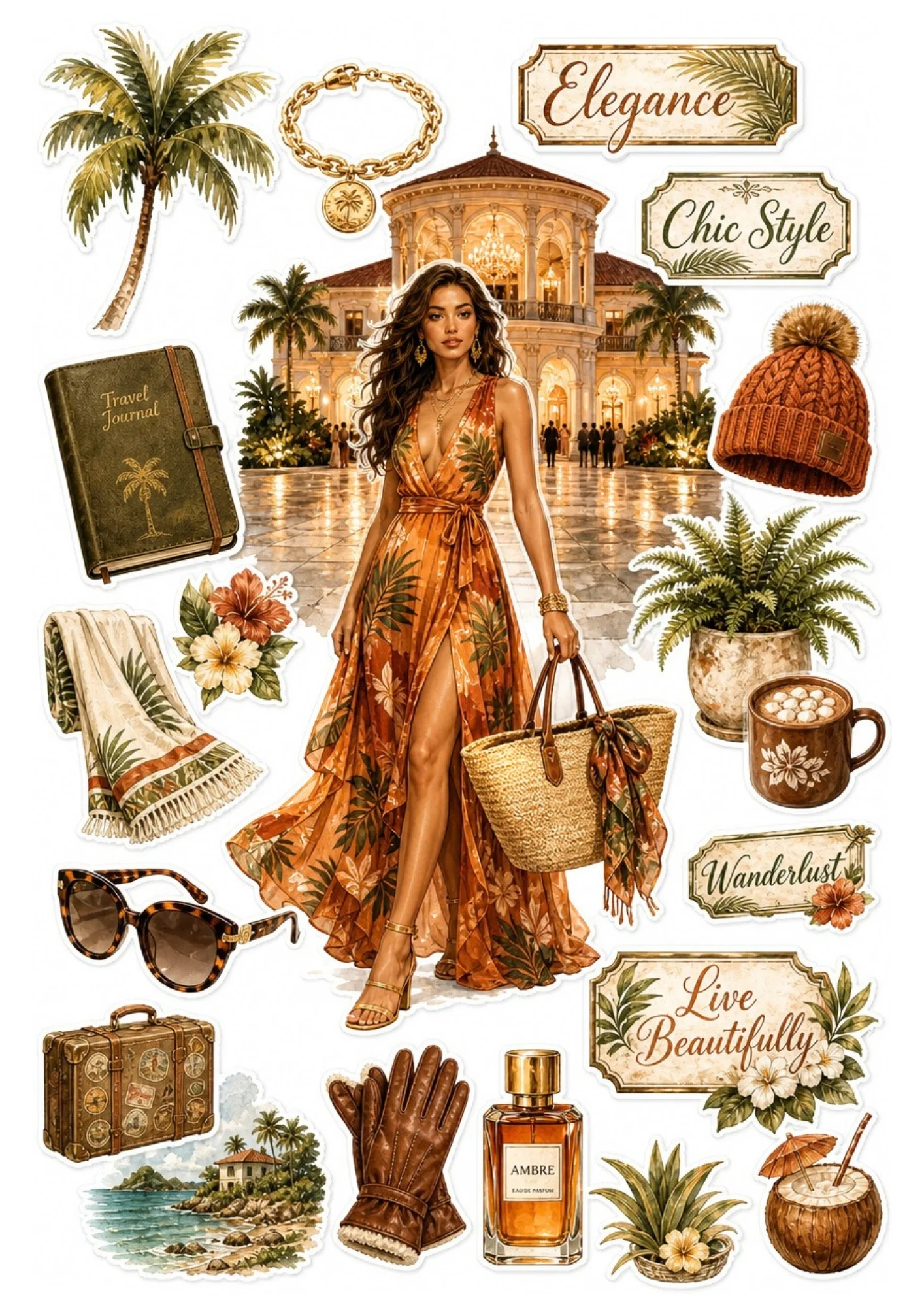 Printable sticker sheet displaying a woman in an orange palm-print dress holding a straw tote, with warm-toned icons including a leather travel journal, vintage trunk, coconut cocktail, and perfume.