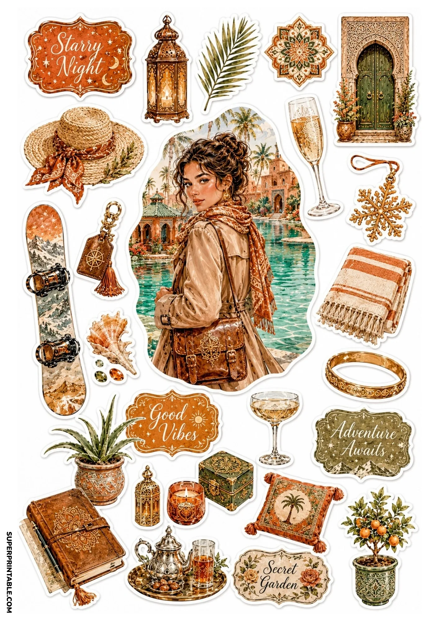 Terracotta themed sticker sheet featuring a woman at a Moroccan pool resort, brass tea set, straw hat, and warm aesthetic labels.