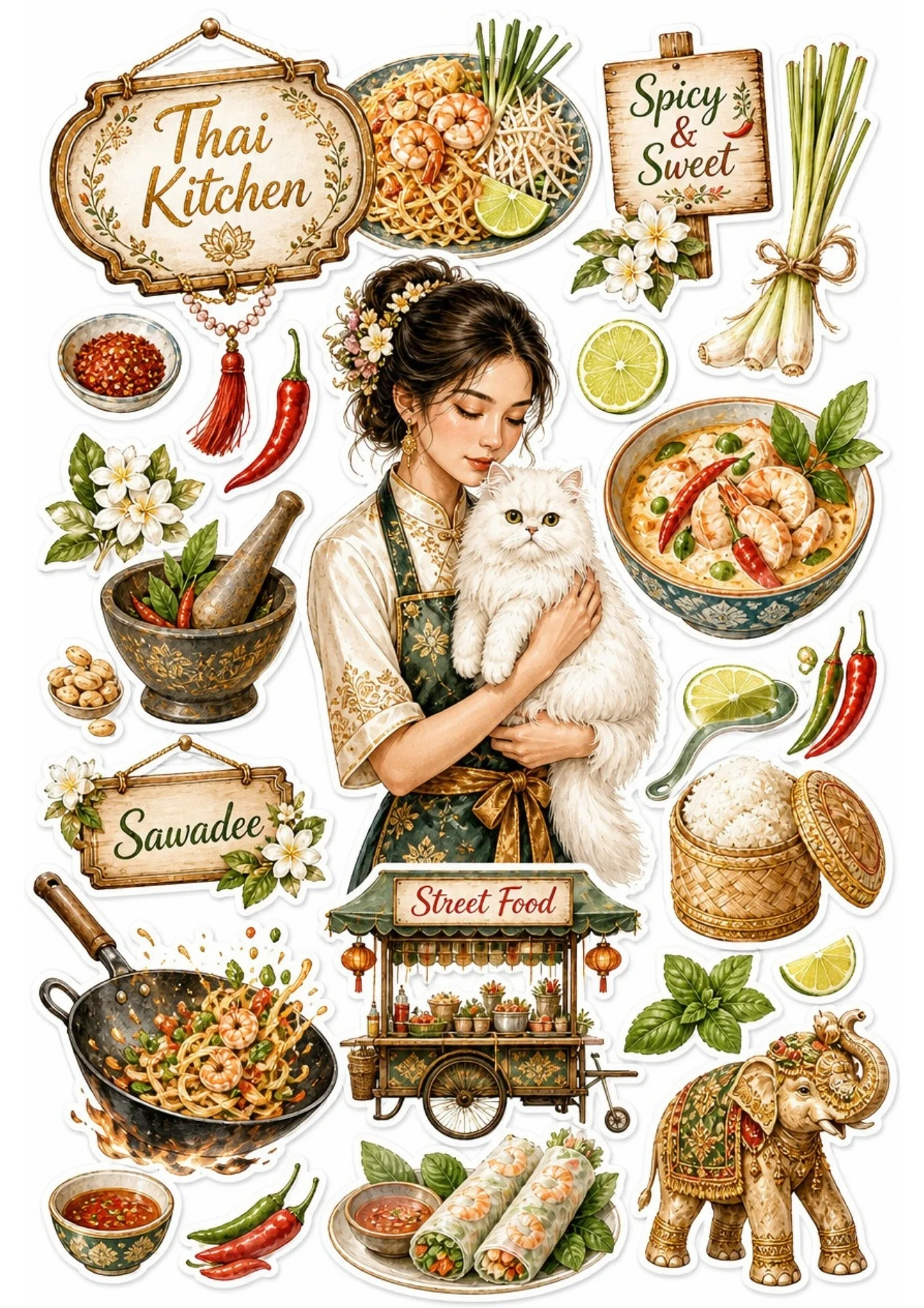 A girl cooking noodles in a large wok with her white cat. Surrounding stickers include chopsticks, fresh limes, bowls of Pad Thai, chili peppers, and text saying 'Thai Kitchen' and 'Street Food'.
