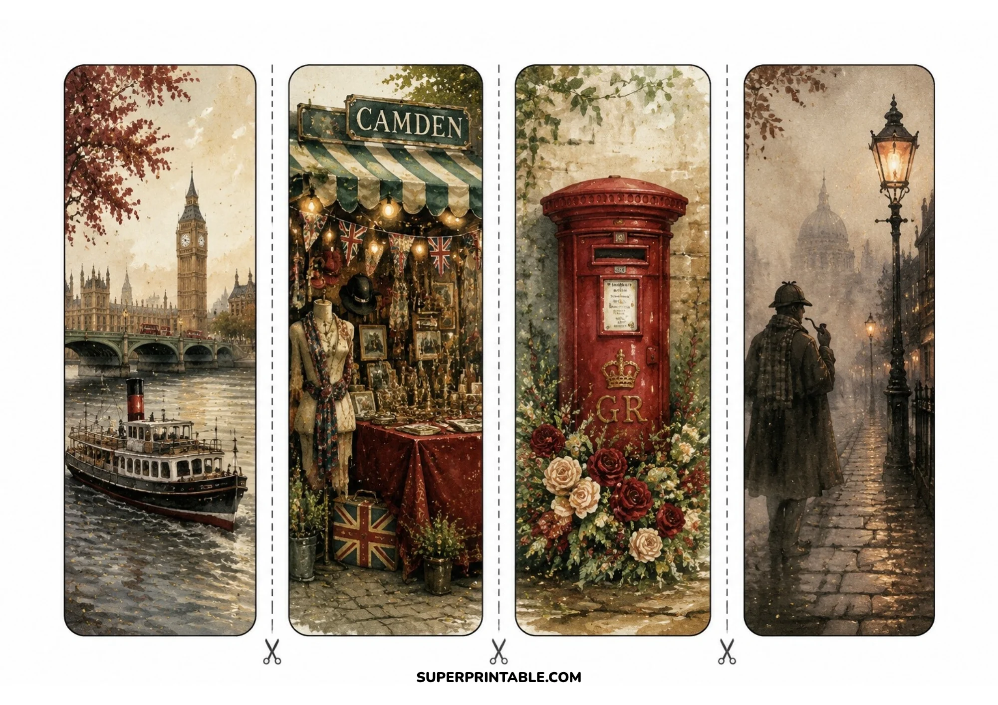 Printable bookmark sheet featuring a Thames passenger riverboat, Camden Market stall, red pillar post box with floral decor, and a Sherlock style detective in foggy London.