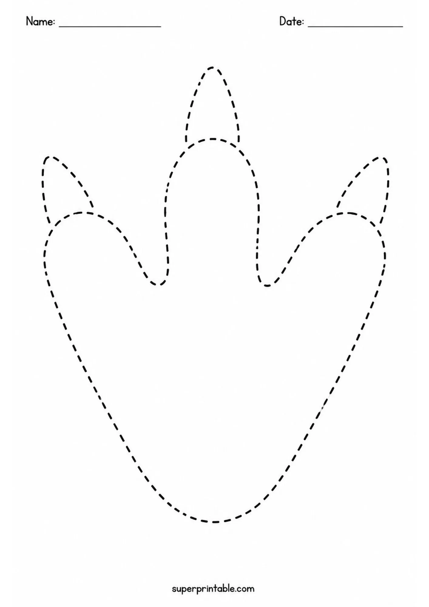 Line tracing worksheet of a large three-toed dinosaur footprint outlined in dashed lines.